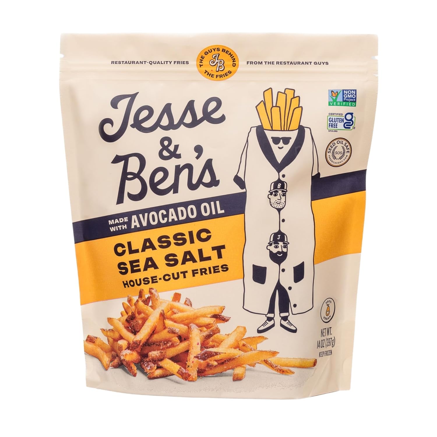 Jesse & Ben's Classic Sea Salt Fries with Avocado Oil - Gluten-Free, Vegan, Non-GMO Frozen Potatoes | Crispy Air Fryer Snack, Seed Oil Free