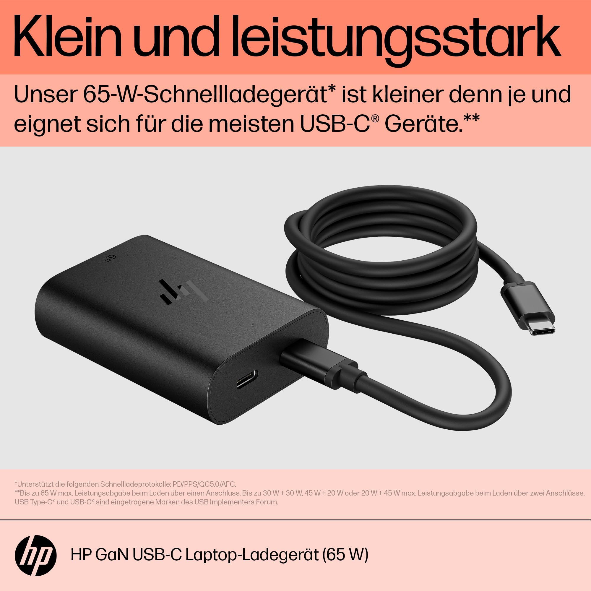 HP 65W GaN USB‑C Laptop Ladegerät – Kompakt, Schnellladefunktion, 2 USB‑C Ports, universelle Kompatibilität, 30 % recycelter Kunststoff, 75×53×22 mm, 85 g, Schwarz