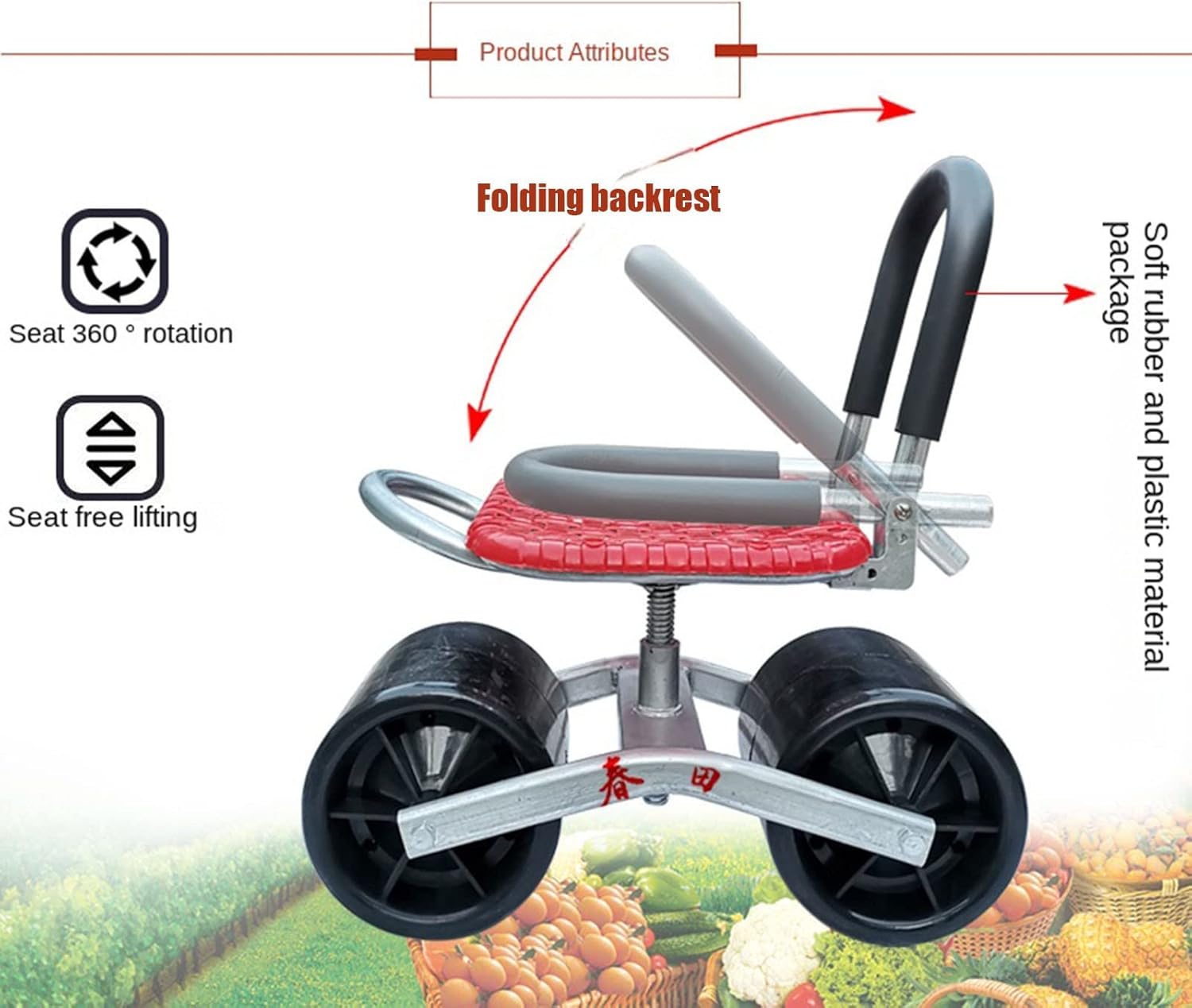 Gardening Bench Seat with Wheels, Foldable Garden Cart Stool Rolling Work Seat Outdoor Steerable Stool for Patio Lawn Yard(Red,Two Wheels)