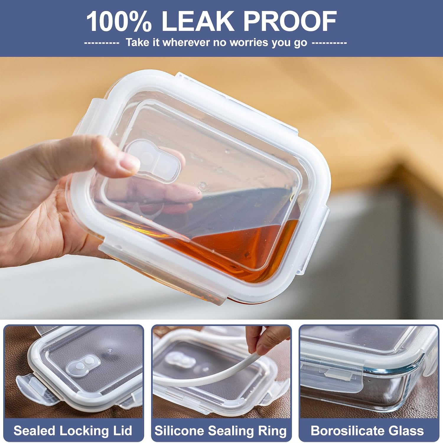 Airtight Glass Food Storage Containers Set - Meal Prep Containers with Lids for Soup, Leftovers, Meal Prep & Office Lunch - BPA Free, Freezer to Microwave to Dishwasher Safe (3PCS)
