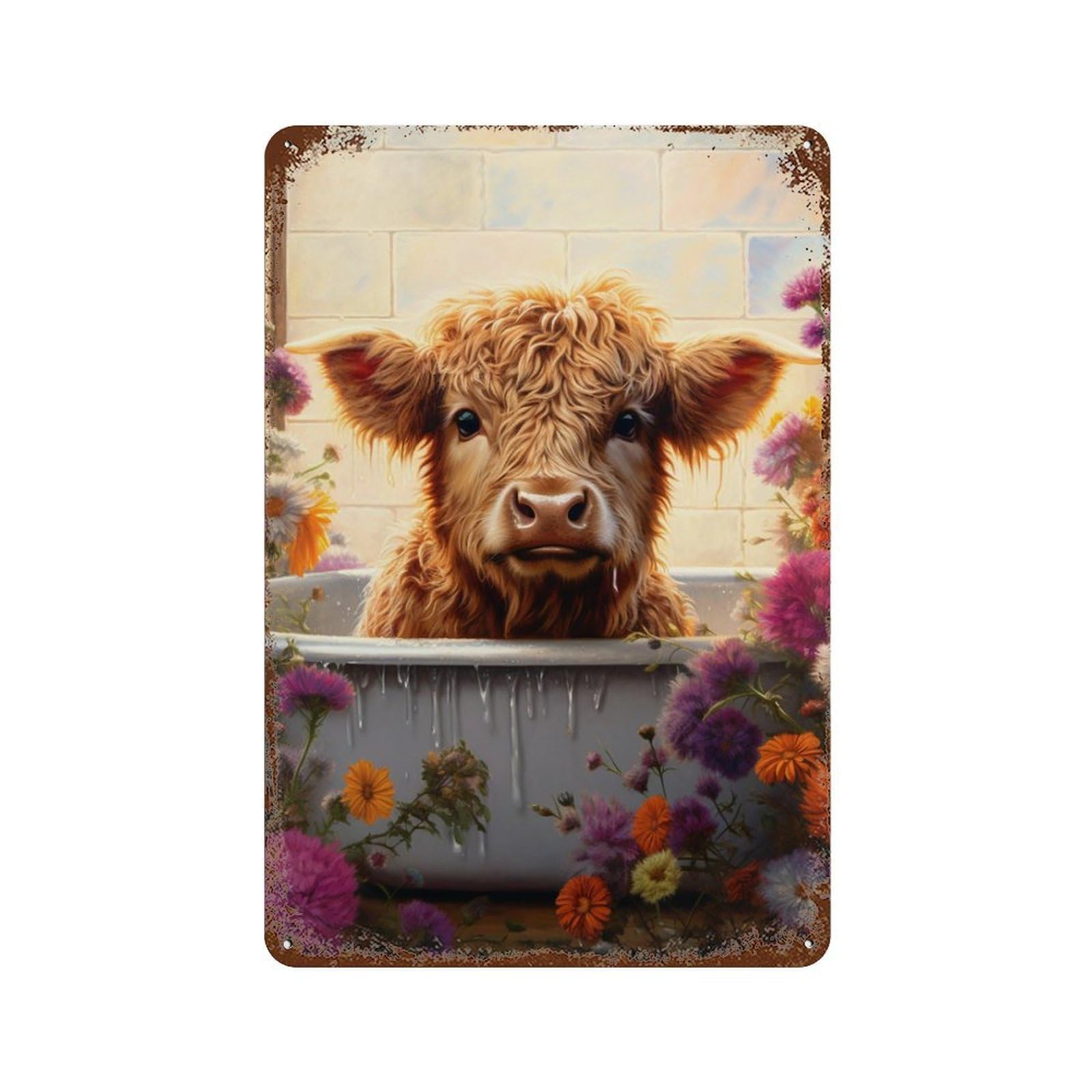 Aged Metal Wall Plaque with Cow in Bathtub with Flowers Design 11.8"x7.9", for Shed, Workshop And Garage Wall Decor, Decorative Metal Wall Art