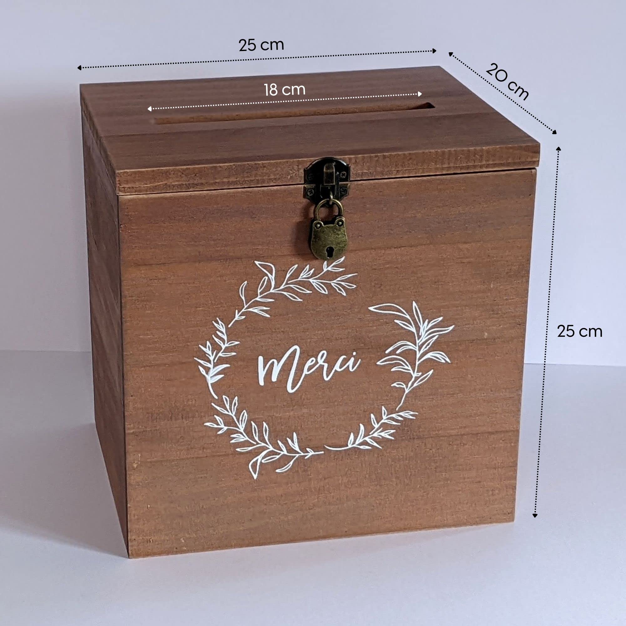 Boite en bois pour enveloppes - Boite avec cadenas - Caisse en bois | 25 x 25 x 20 CM | Urne mariage Cadeau - Urne anniversaire, bapteme, communion - Tirelire