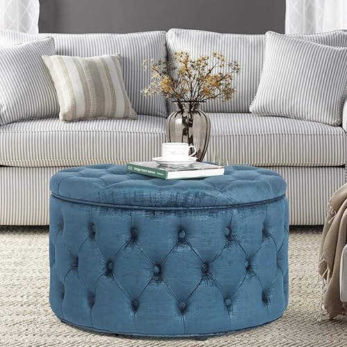 Miniatura 88 de Joveco Otomana redonda de almacenamiento, otomana tapizada con botones y parte superior extraíble, banco de almacenamiento, mesa auxiliar, Negro,