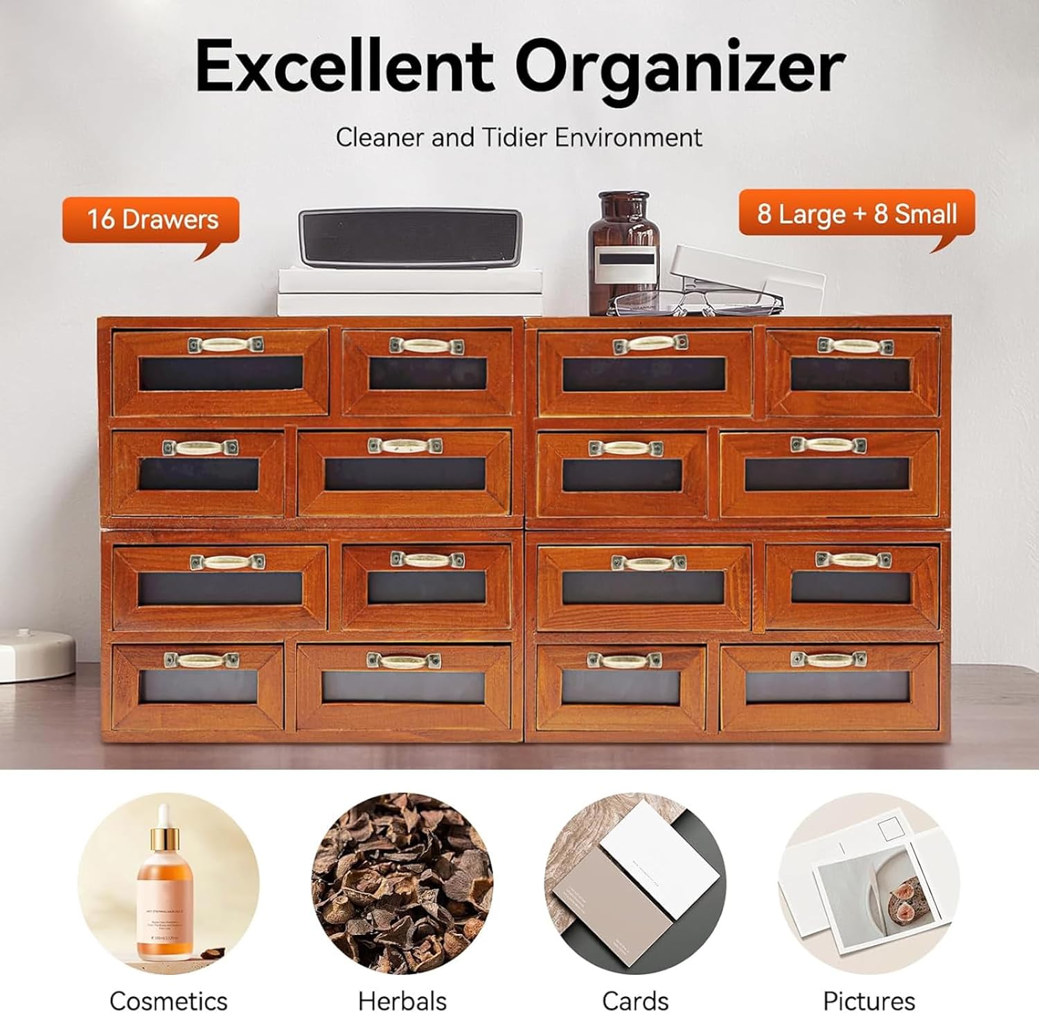 16 Drawers Desktop Storage Box,Tabletop Wooden Storage Cabinet with Handles,Stackable Countertop Drawer Organizer,Brown