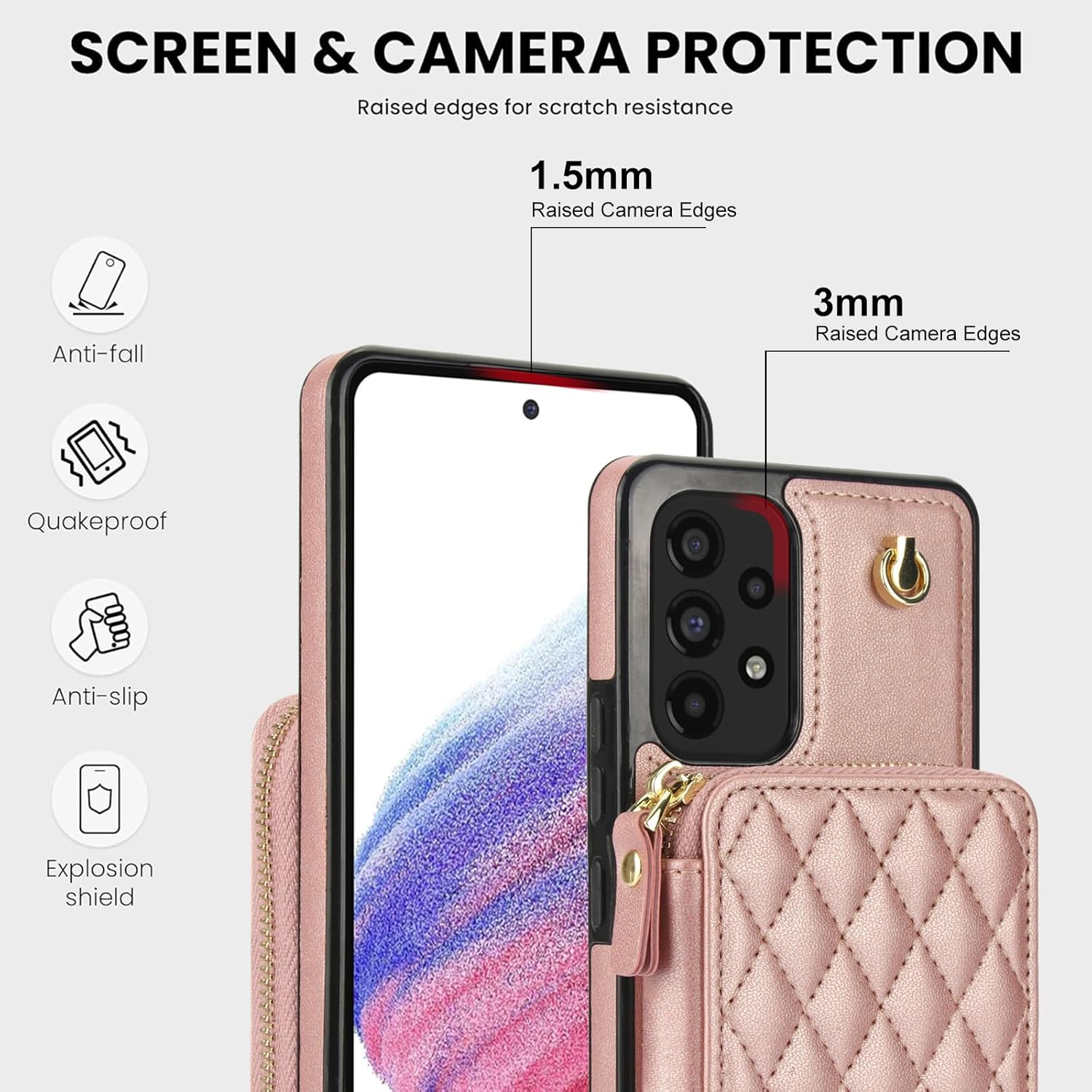 Phone Case for Samsung Galaxy A53 5G Wallet Cell Cover with Tempered Glass Screen Protector Wrist Crossbody Strap RFID Blocking Credit Card Holder A 53 G5 53A SM A536U 6.5" 2022 Women Girls Rose Gold