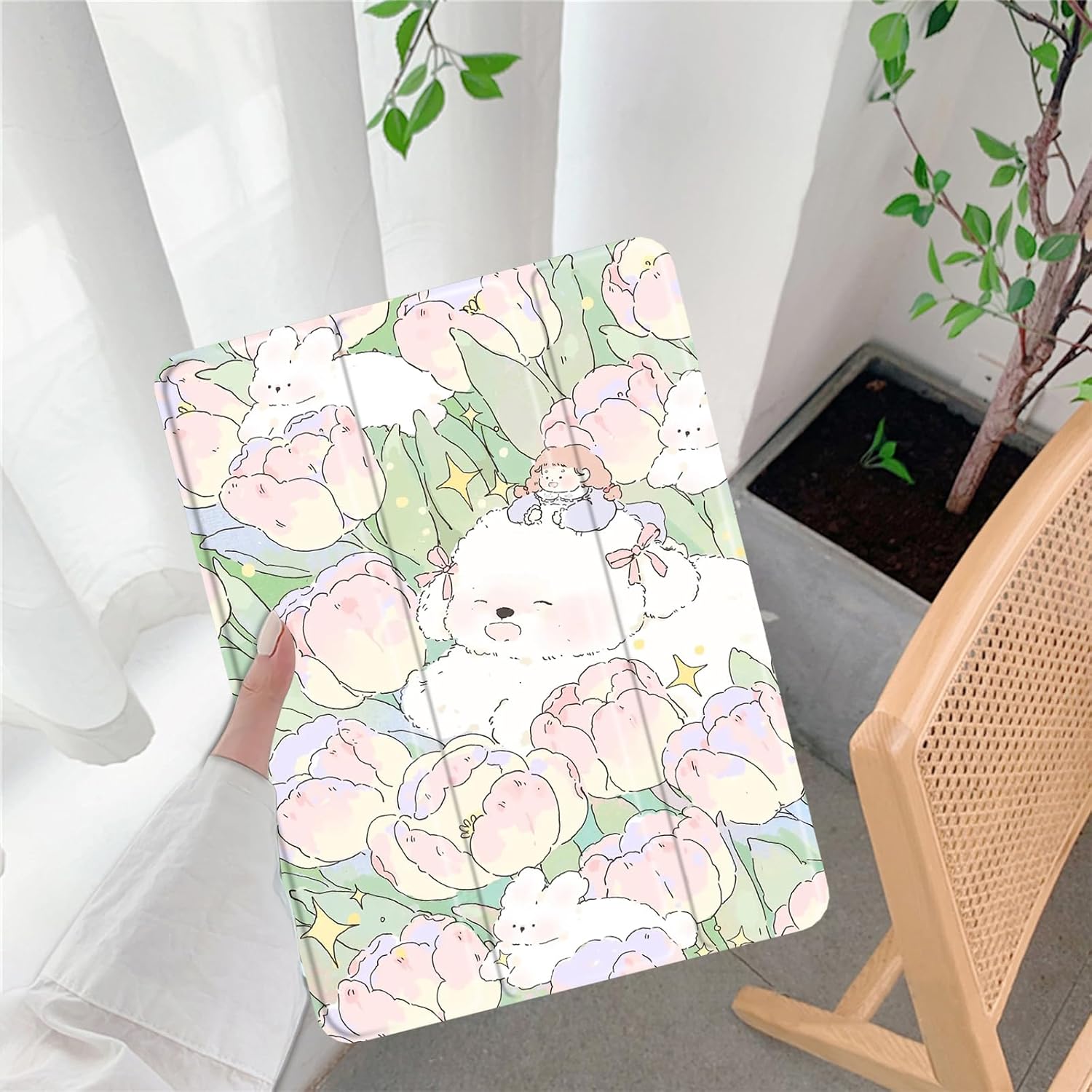 Cute Flower Dog for iPad Pro 10.5 Inch 2017 Air 3 Case with Pencil Holder, Foldable Green Leather Cover Case, Support Auto Sleep Wake