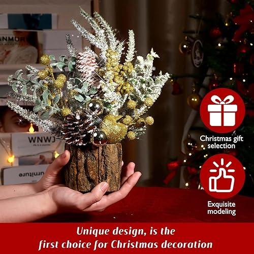 Miniatura 8 de Pequeño árbol de Navidad artificial de mesa, mini decoración de árbol de Navidad con adornos navideños, conos de pino de bayas rojas, vegetación
