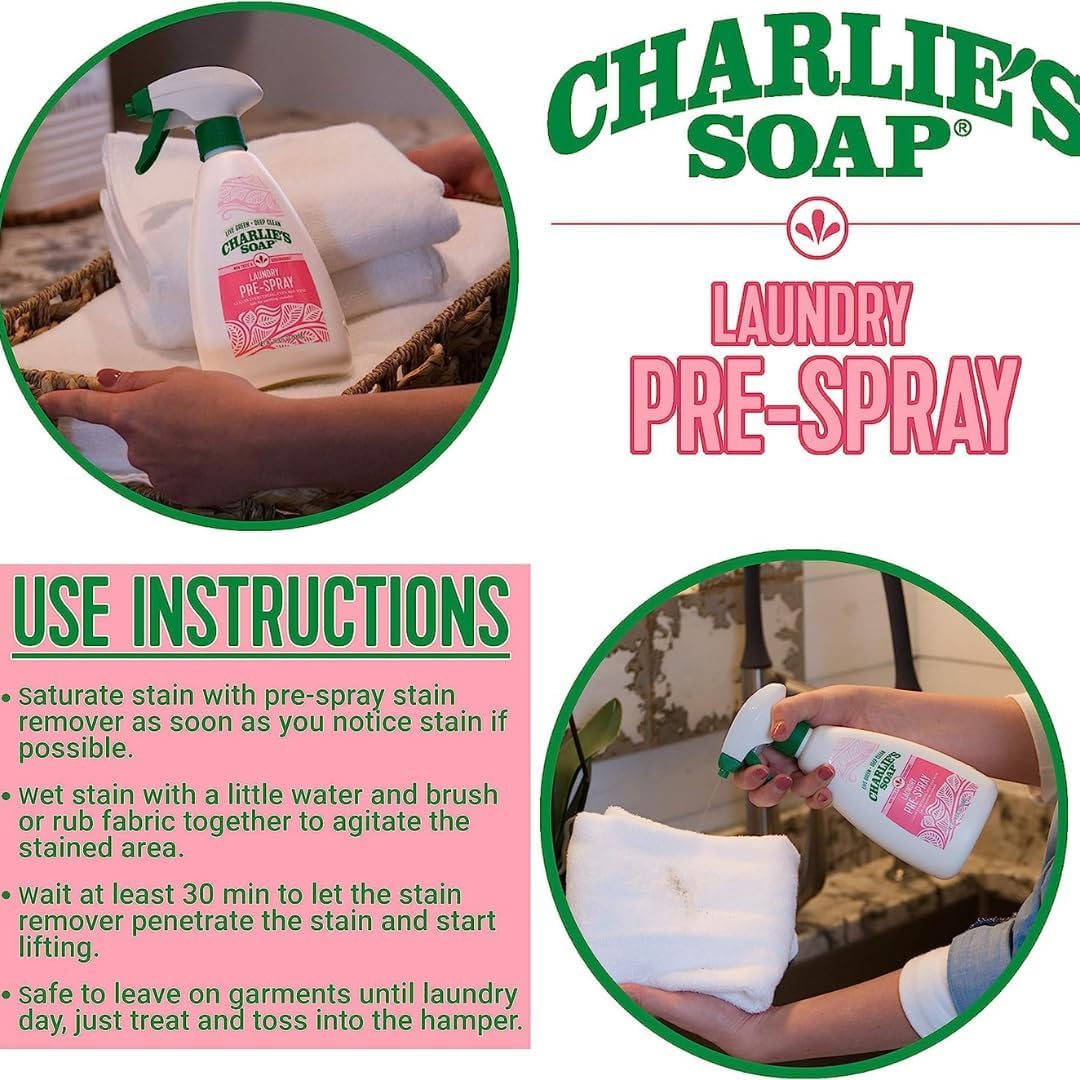 Charlie’s Soap Laundry Pre-Spray with Spray Top 32 Fl. Oz Bottle, Pack of 2, Natural Laundry Pretreat and Stain Remover – Powerful and Eco-Friendly