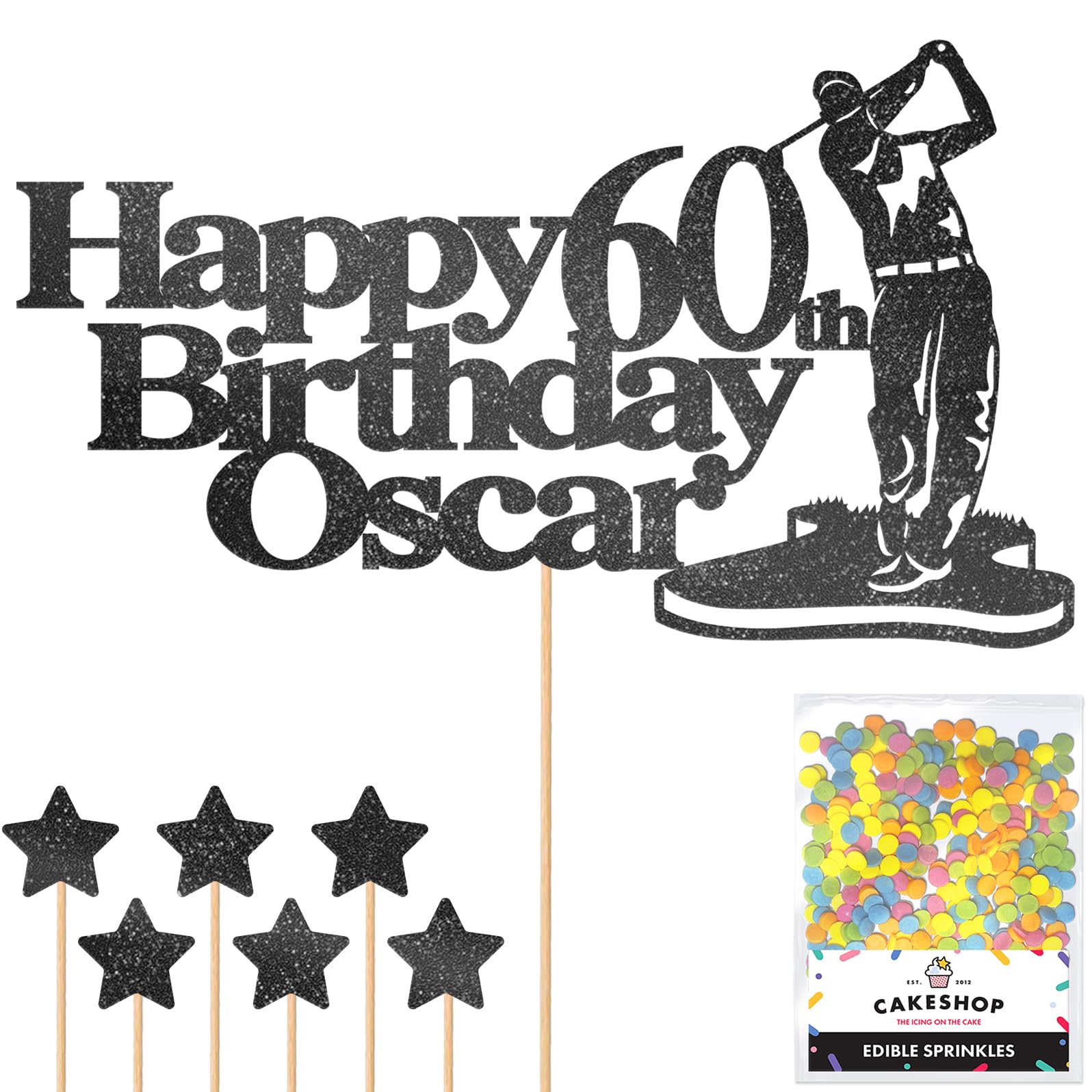 Personalised Golf Golfer Glitter Cake Topper - Black Custom Age & Name Glitter Cake Decoration and Sprinkles - Happy Birthday Decorations - Personalised Toppers for Cakes by Cakeshop