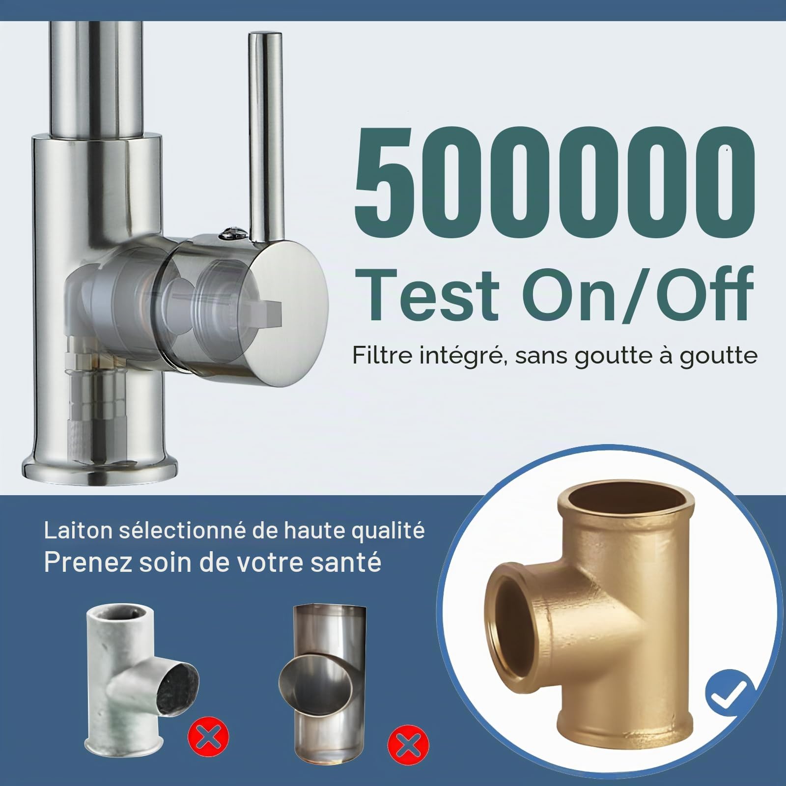 JUNSHENG Robinet de cuisine extractible, mélangeur acier inoxydable haute pression pivotant 360°, nickel brossé