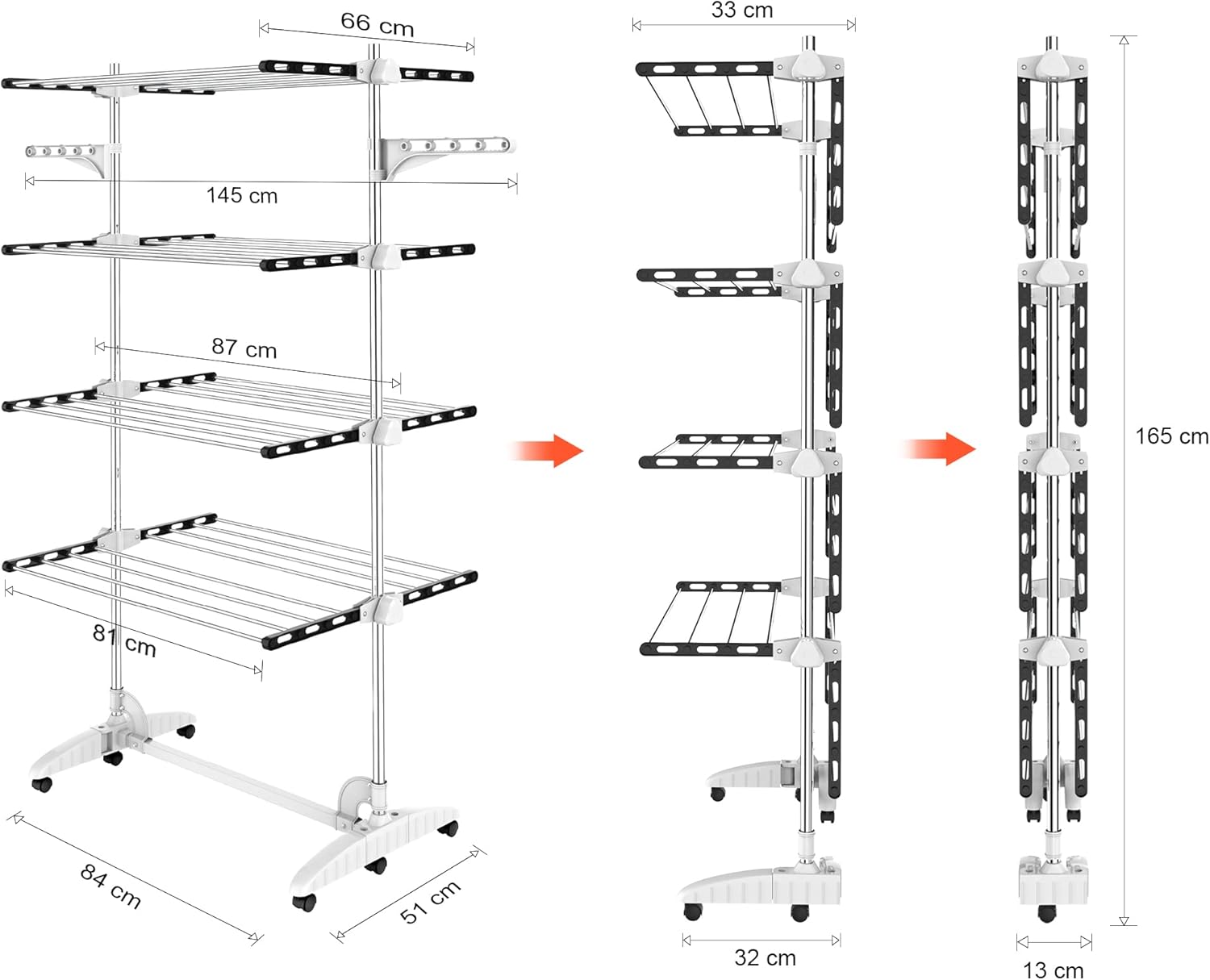 Todeco Rolling Laundry Drying Rack, 4 Tier Folding Stainless Steel Clothes Horses Stand with Side Wings Hanger, Heavy Duty Clothes Drying Rack Use for Laundry, Black