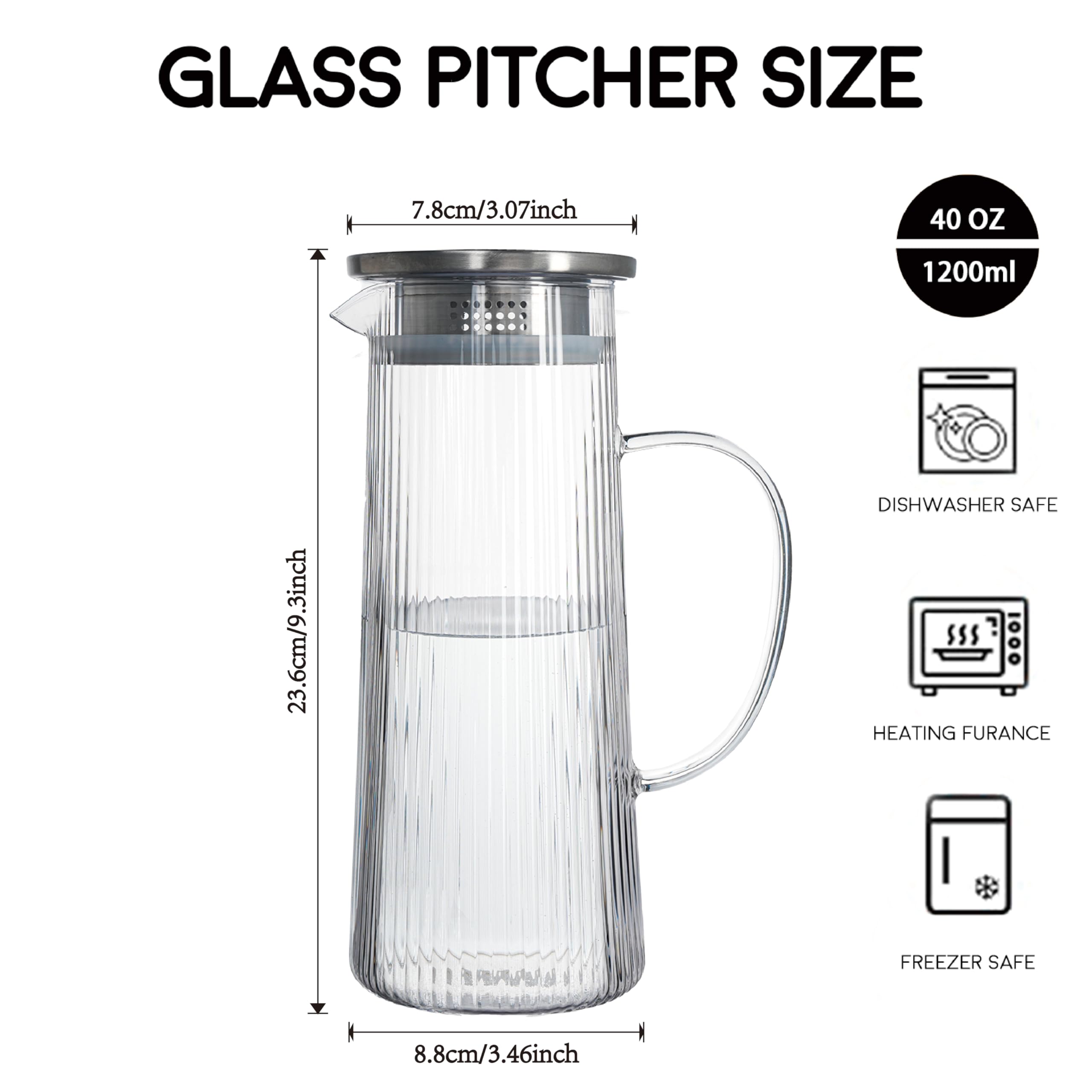 Glass Ribbed Pitcher With Lid Glass Pitcher With Lid, 40 Oz/1.2 Liter ...