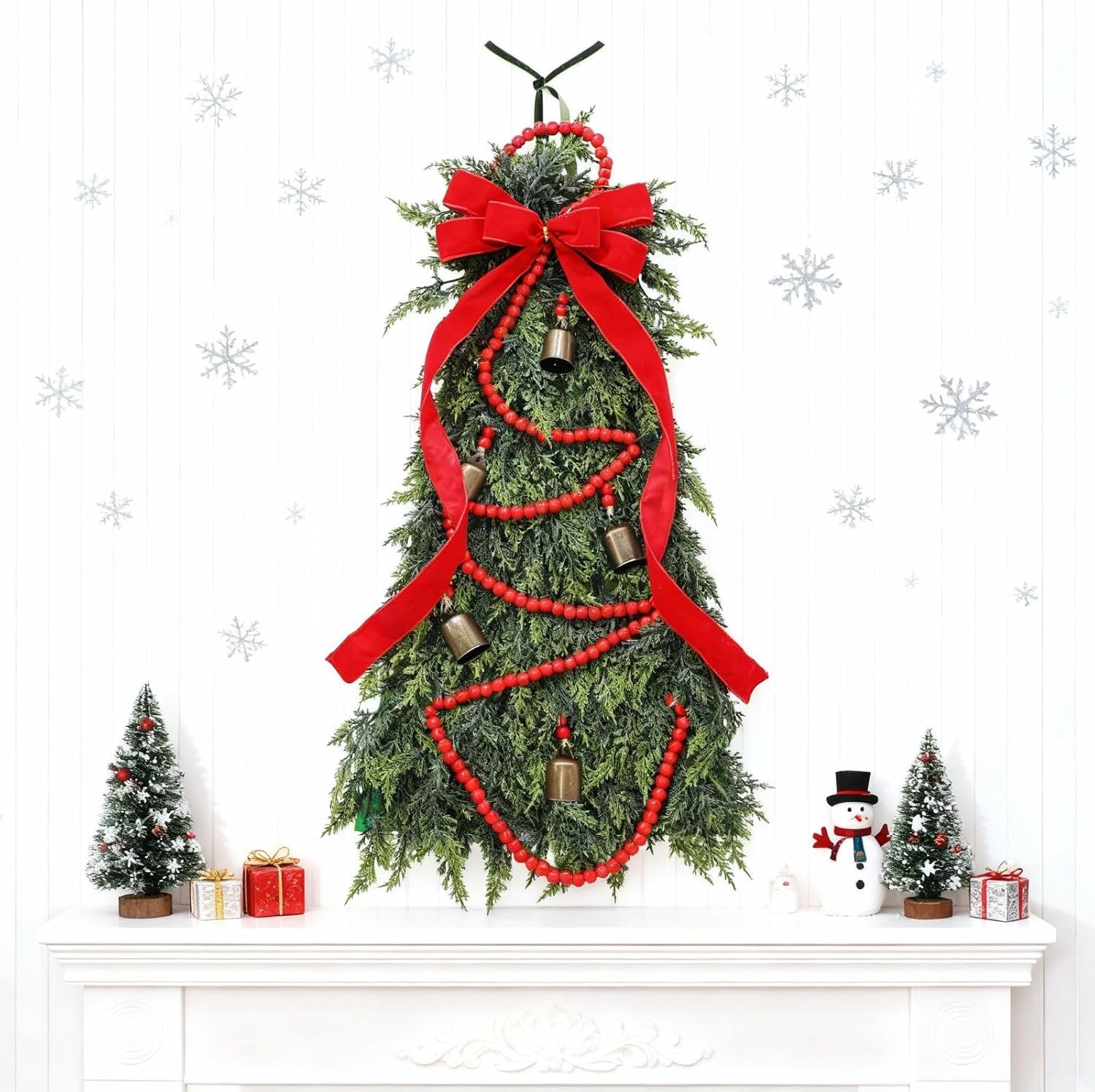 Suncalla 27.6" Christmas Swag Large Christmas Teardrop Wreath with Bells Red Bow Xmas Swag Artificial Faux Pine Wreath Xmas Tree Farmhouse Decor for Front Door Winter Holiday Door Window Wall