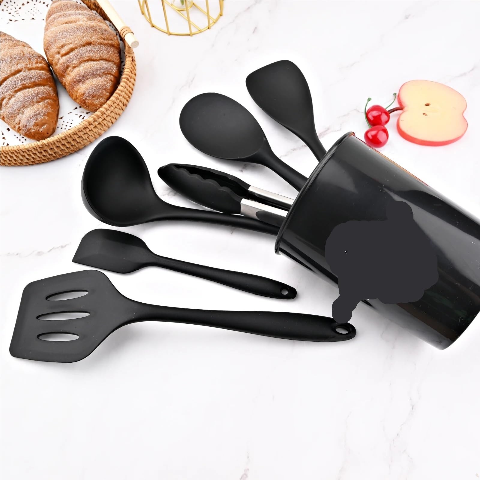 Silikon Küchenhelfer Set Schwarzes Silikon-Kochutensilien-Set, antihaftbeschichtet, Spachtel, Schaufel, Suppenlöffel(6Pcs Set)