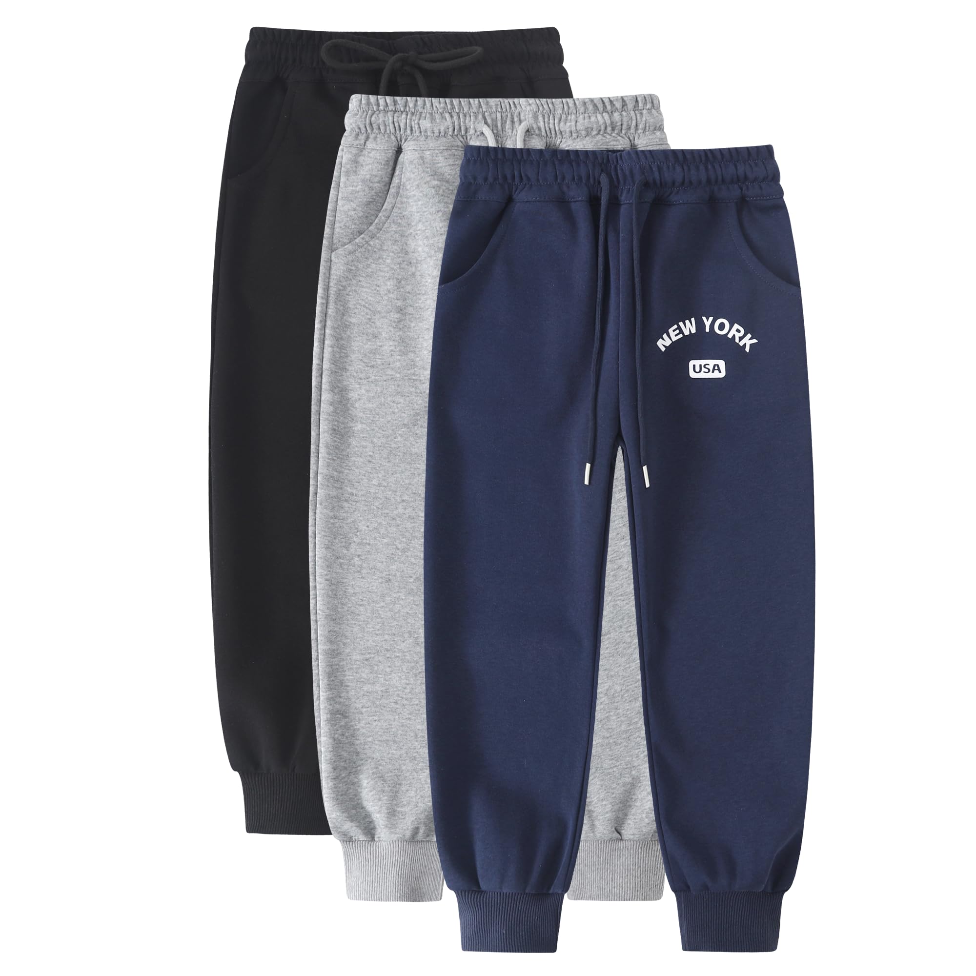 YJBQ 3-Pack Boys' Athletic Joggers Sweatpants with Pockets Drawstring for Sizes 5-14 Perfect for School Sports Casual