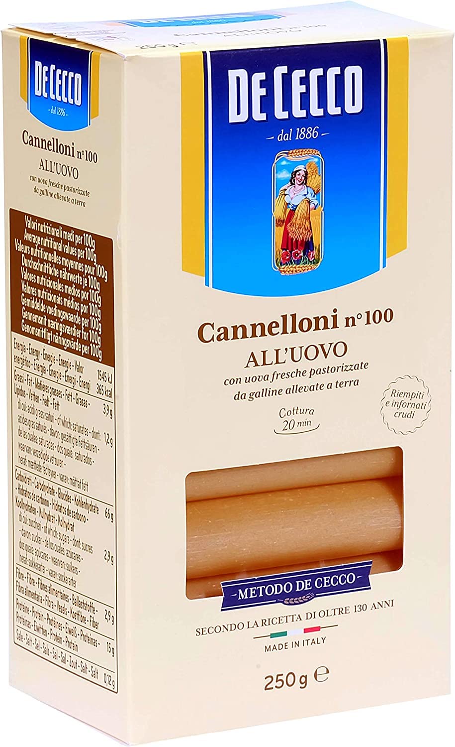 20 x De Cecco Pasta Canelones n. 100 Uovo Pasta de huevo 250 g