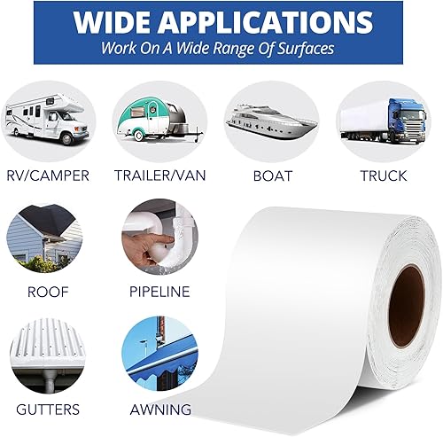 Miniatura 10 de Cinta selladora de reparación de caravana blanca, 4 pulgadas x 50 pies, para evitar fugas en el techo de cámper, resistente a los rayos UV,