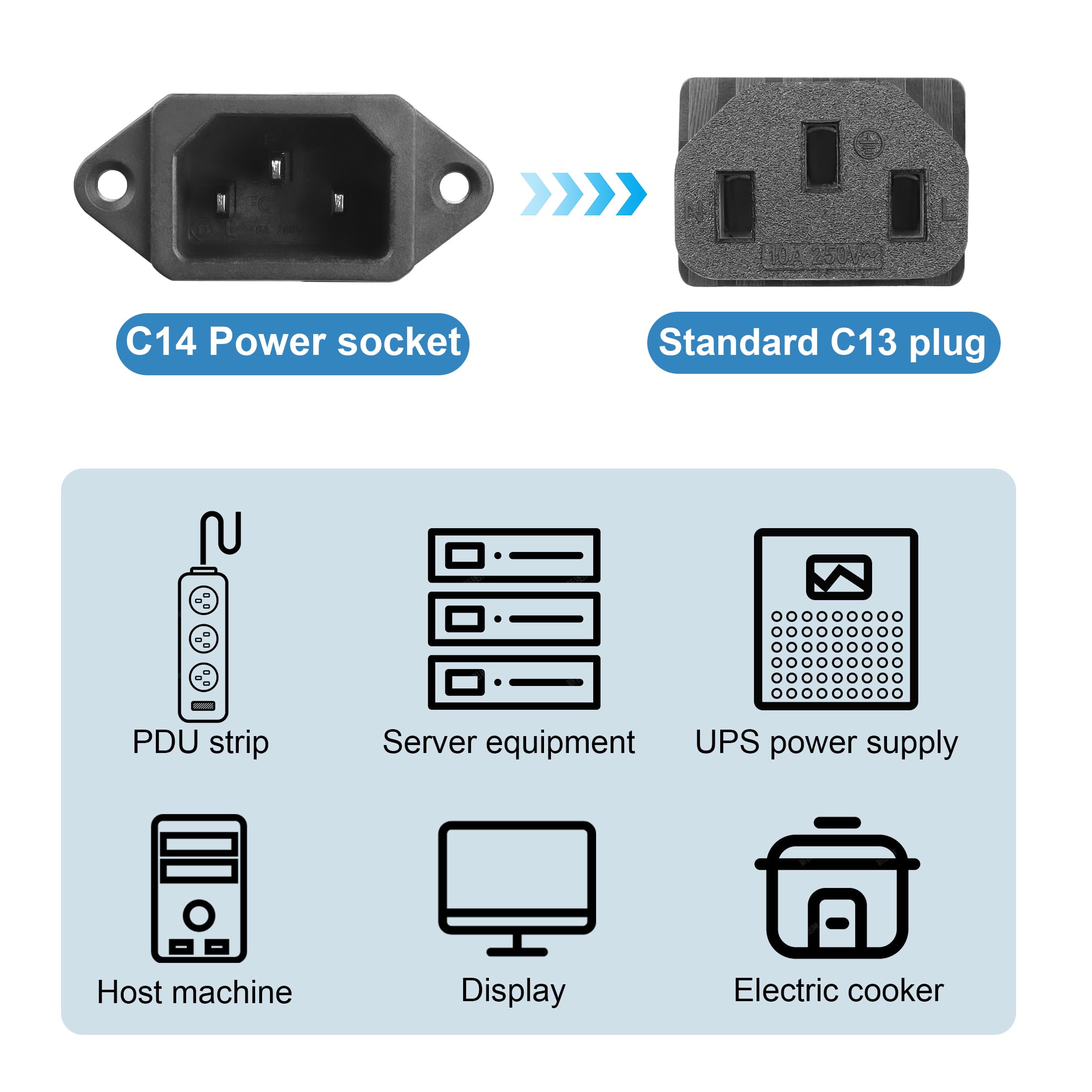 Lot De 2 Connecteurs IEC320 C13 + C14 YACSEJAO – 250V 10A – Adaptateur Alimentation DIY Sans Vis Ni Soudure – Noir