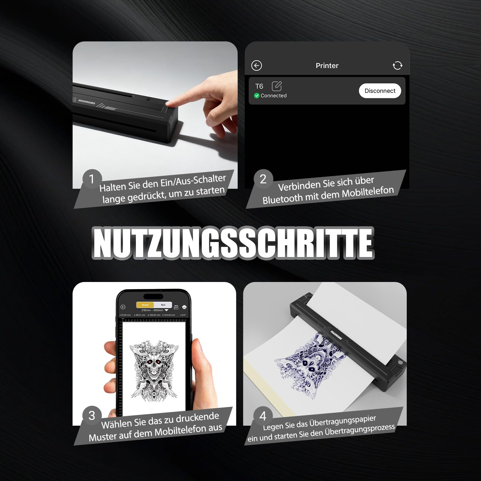 Dragonhawk Tattoo Schablonen Drucker Kabelloser Bluetooth für Smartphone & PC, tragbarer Thermodrucker, kompatibel mit Android, iOS, macOS, Windows – ideal für Anfänger & Profis