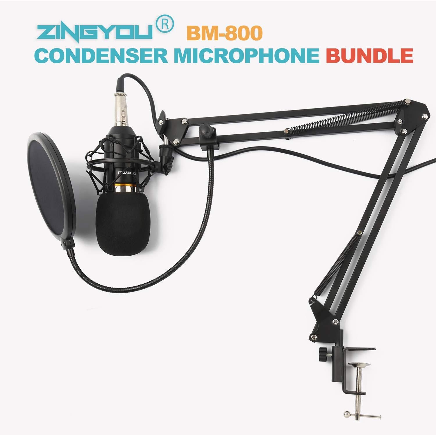 ZINGYOU Condenser Microphone Bundle, BM-800 Mic Kit with Adjustable Mic Suspension Scissor Arm, Metal Shock Mount and Double-Layer Pop Filter for Studio Recording & Broadcasting (Gold) : Musical Instruments