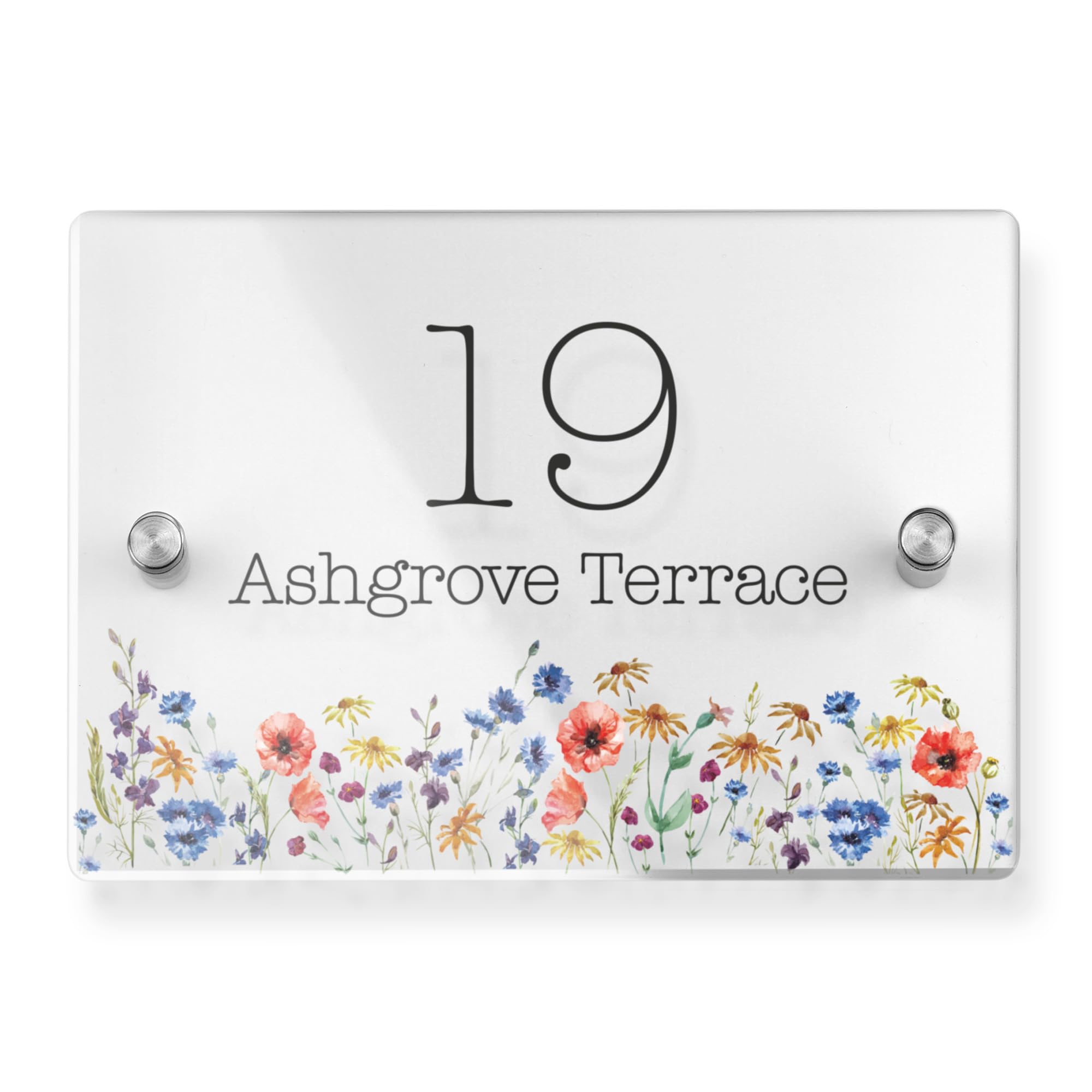 Personalised Acrylic House Sign with Wildflower Design | 210mm x 148mm Address Plaque | Custom Printed Door Number | Weatherproof Outdoor Home Name Plate (Clear)