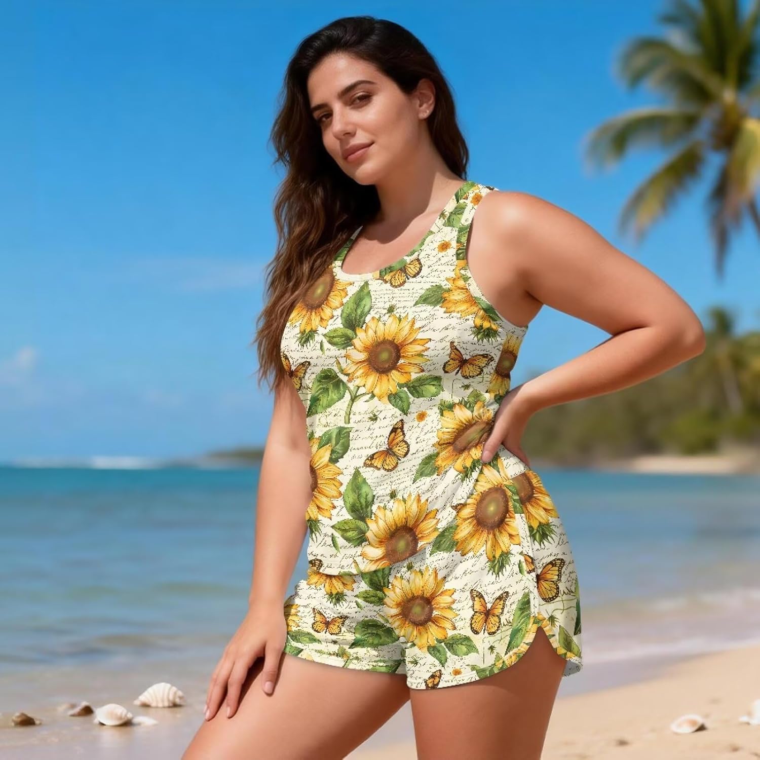 Women's Tankini Swimsuits Set Tummy Control Tank & Pocket Shorts 2 Pcs Quick Dry Bathing Suit Summer Swimwear S-6XL