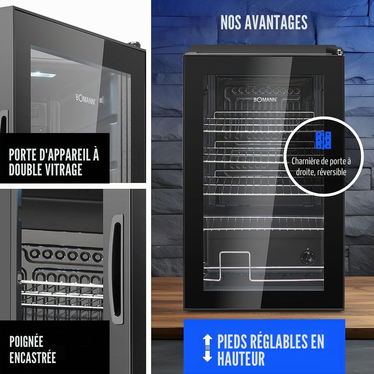 Bomann Réfrigérateur à Boissons 63 L KSG 7287, Éclairage LED, Noir | éclairage LED, contrôle température +3 à +10 °C, 4 étagères chromées, porte double vitrage, pieds réglables
