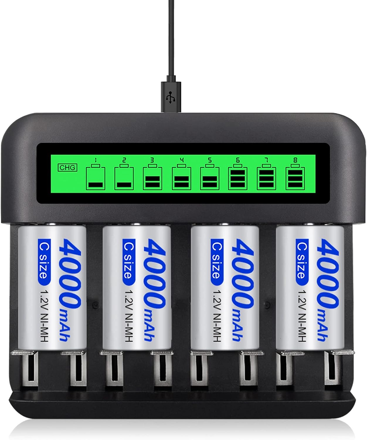 Tenberly AA AAA C D Universal Battery Charger with 4 Pack C Size 4000mAh Rechargeable Batteries