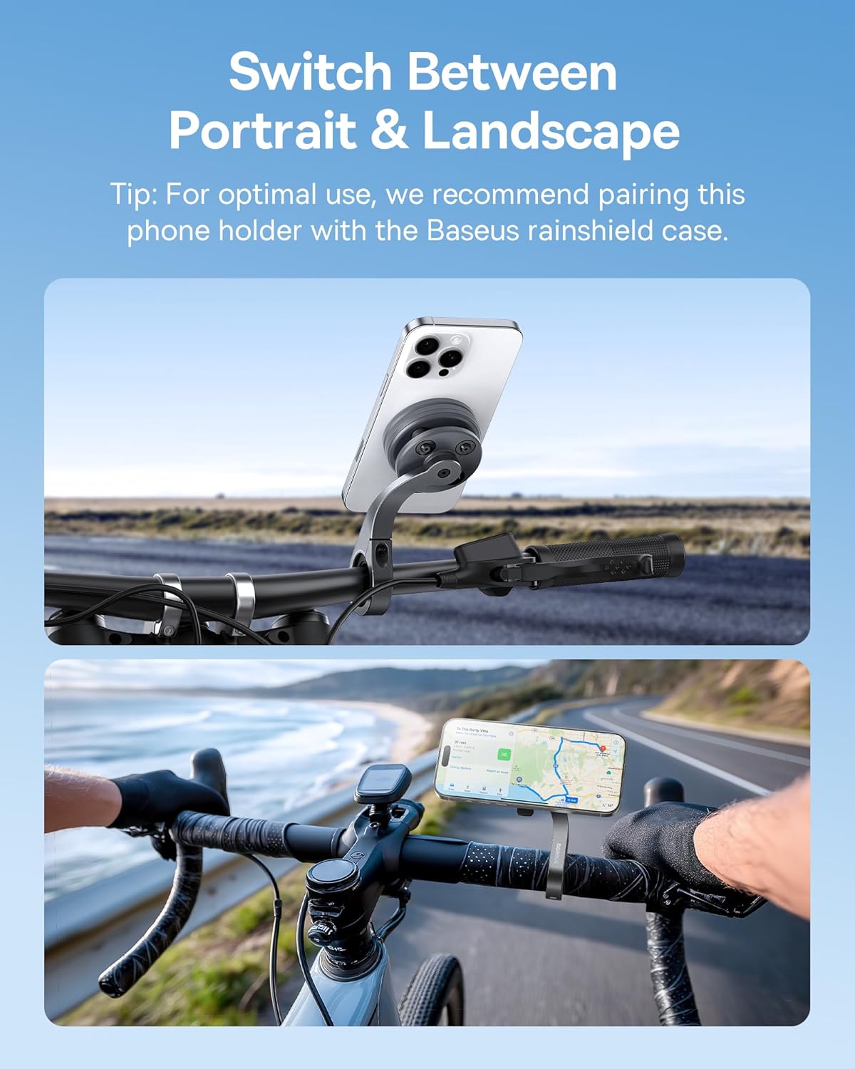 Images showing a smartphone mounted on the Baseus PrimeTrip VB1 holder in both portrait and landscape orientations on a bicycle.