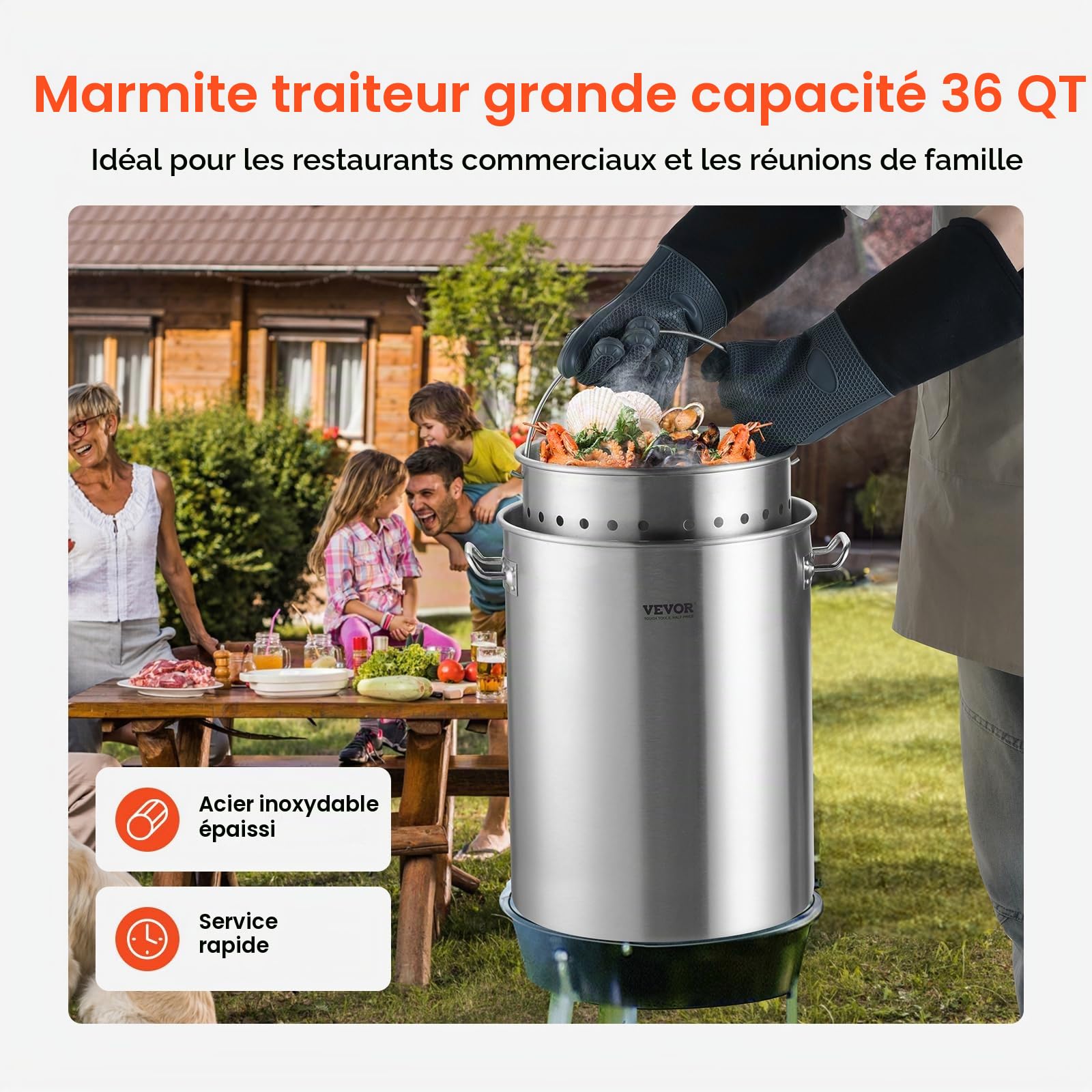 VEVOR Marmite en Acier Inoxydable 34 L avec Panier, Couvercle et Poignée, Faitout de Qualité Commerciale, Pot de Cuisson avec Traitement de Ponçage, Marmite Traiteur pour Grands Événements, Argent