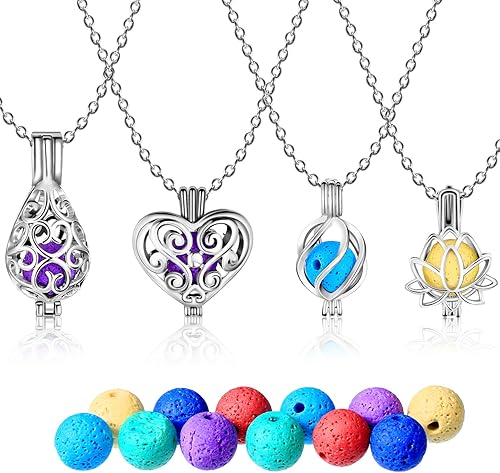 4 collares difusores de aceites esenciales de aromaterapia, collar de acero inoxidable con 24 bolas de piedras de lava de repuesto para mujeres y