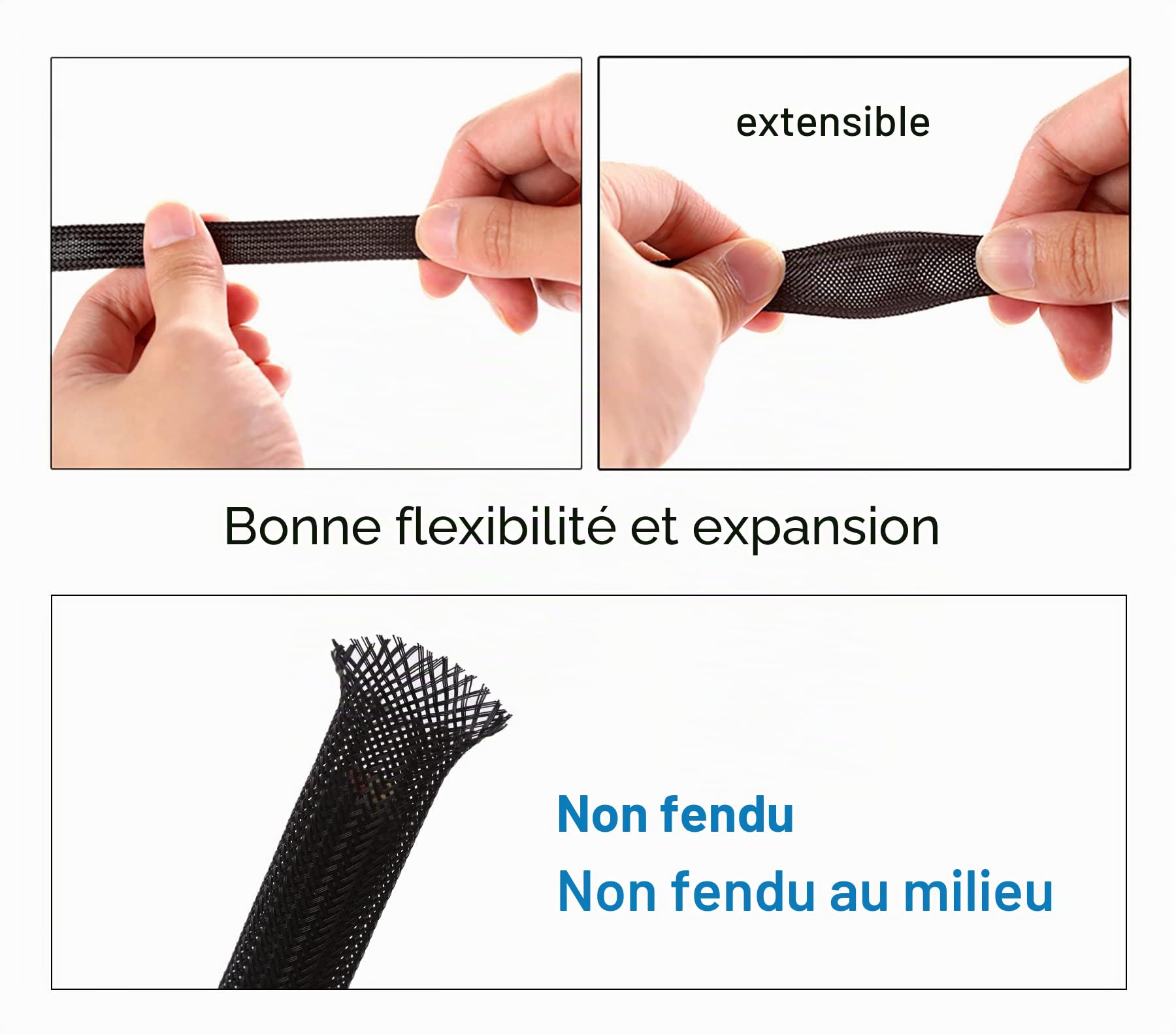 Alex Tech 30mm-7.5m Gaine Câble Tressée Extensible Manchon de Câble Cache Fil Rangement Câble Protege Câble pour Câbles Automobiles Fils - Noir