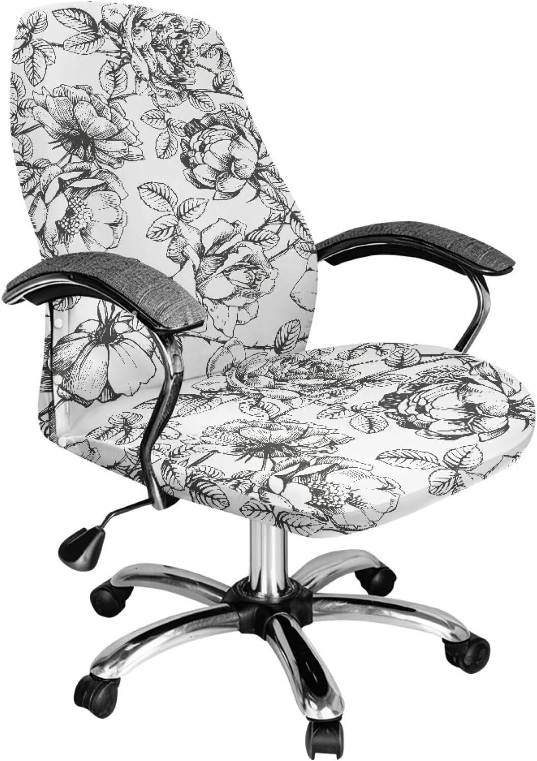 Vintage Sketch Flower Print Stretch Gaming Chair Cover Soft Dustproof Rotating Chair Desk Chair Cover Universal Rotating Chair Slipcovers Protector with Snap Button, L
