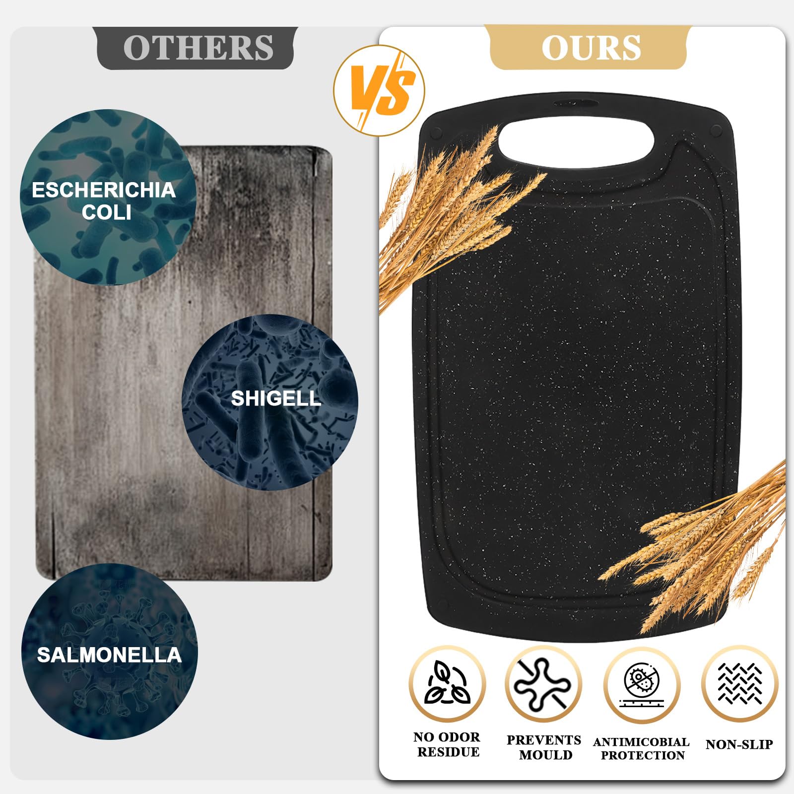 Set 3 Tabla Cortar Cocina, Tabla Cortar de Plástico Sin BPA, Cutting Board con Asas y Ranura para el Jugo, Chopping Board Antideslizante para Verduras/Frutas/Carnes, Negro