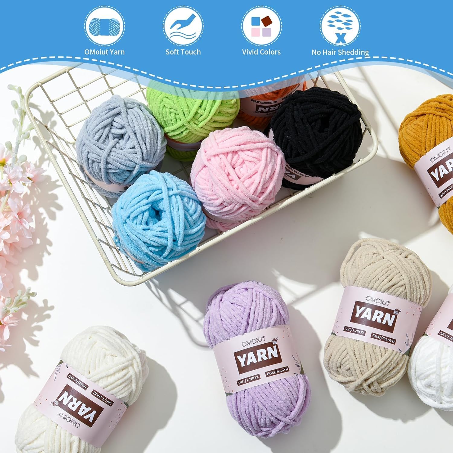OMoiut Amigurumi-Garn-Set mit 1200 g Häkelgarn, Häkelnadel, Maschenmarkierer, flauschige Füllung, Zubehör, 24 Stück