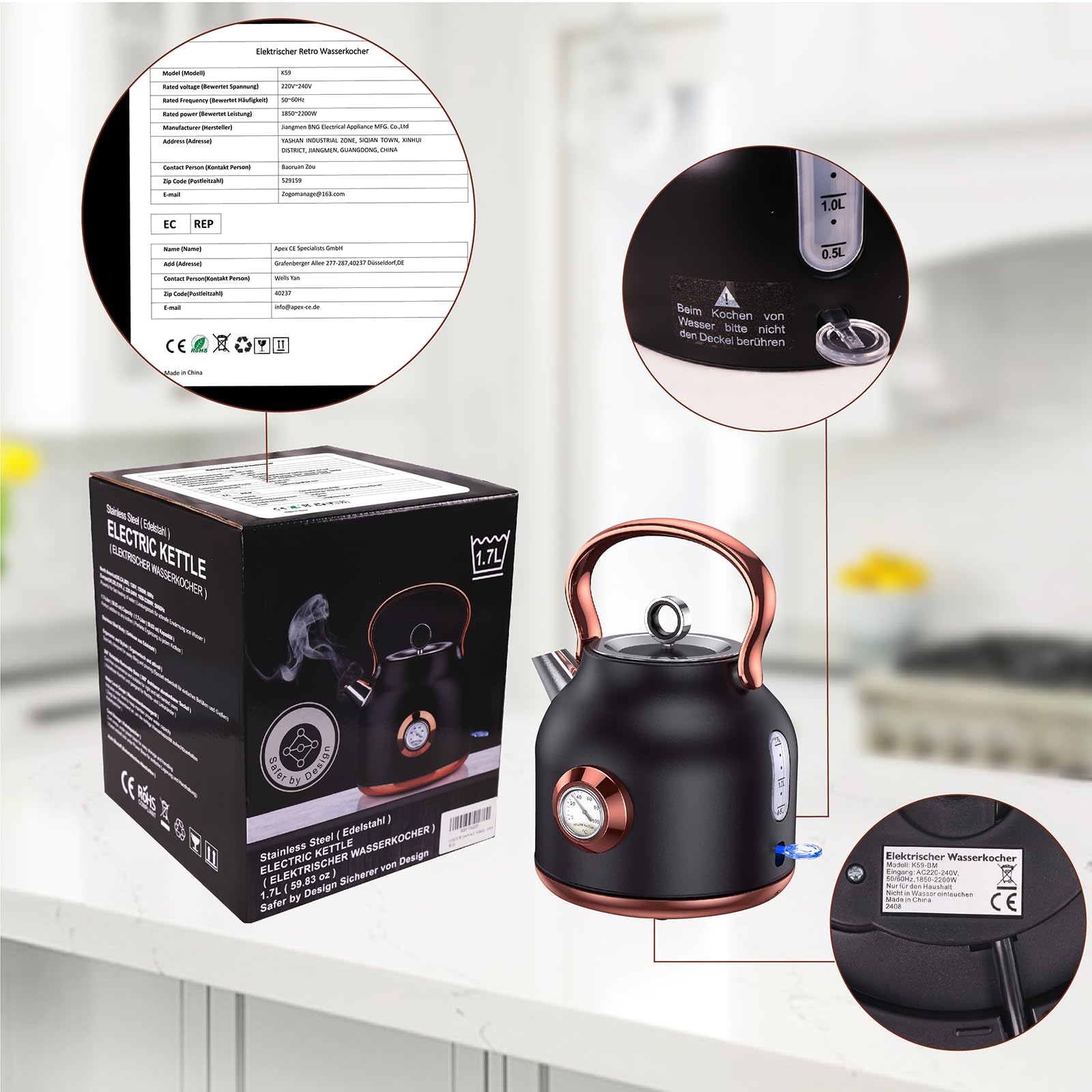 Retro-Wasserkocher, 1,7 l Edelstahl-Teekessel mit Großer Temperaturanzeige, 2200W Schnell Aufheizender Heißwasserboiler mit LED-Indikator (schwarz)
