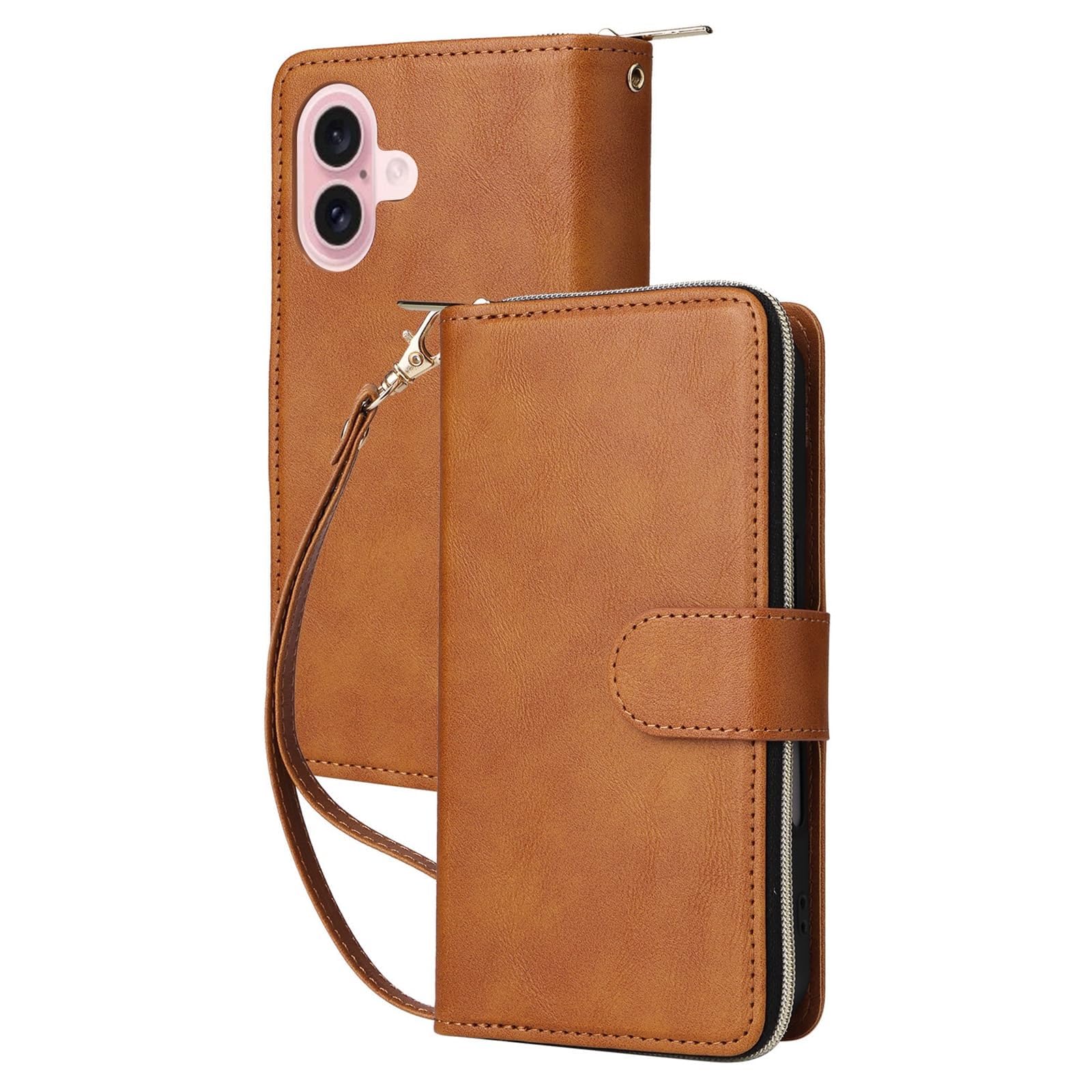 Étui iPhone 16 Plus orange style portefeuille cuir pour vos sorties et voyages