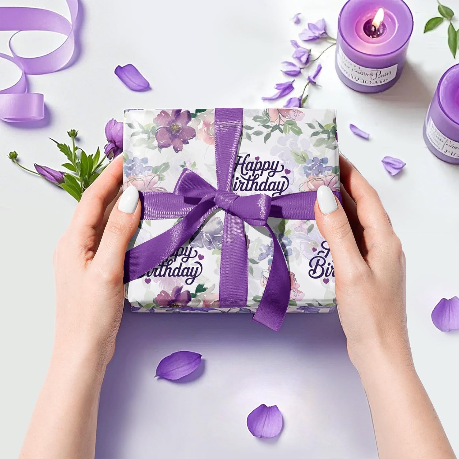 WRAPAHOLIC Birthday Wrapping Paper Roll - Mini Roll - 17 Inch x 16.5 Feet - Happy Birthday with Purple Flower Wrapping Paper for Girls Women, Baby Shower, Wedding - Image 5