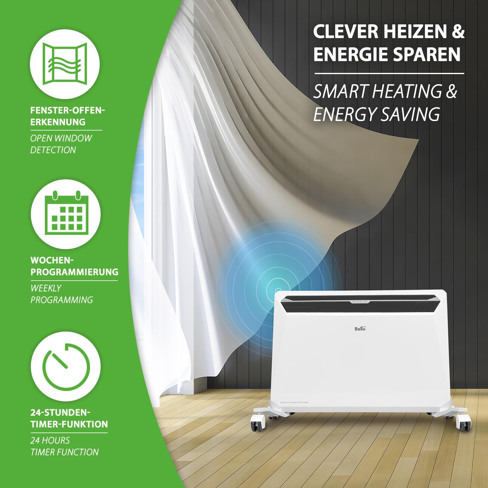 Ballu Rapid grzejnik konwektorowy o mocy 2200 W, biały – oszczędność do 30% energii dzięki unikalnej technologii inwerterowej + moduł Wi-Fi, program tygodniowy, zgodny z ErP