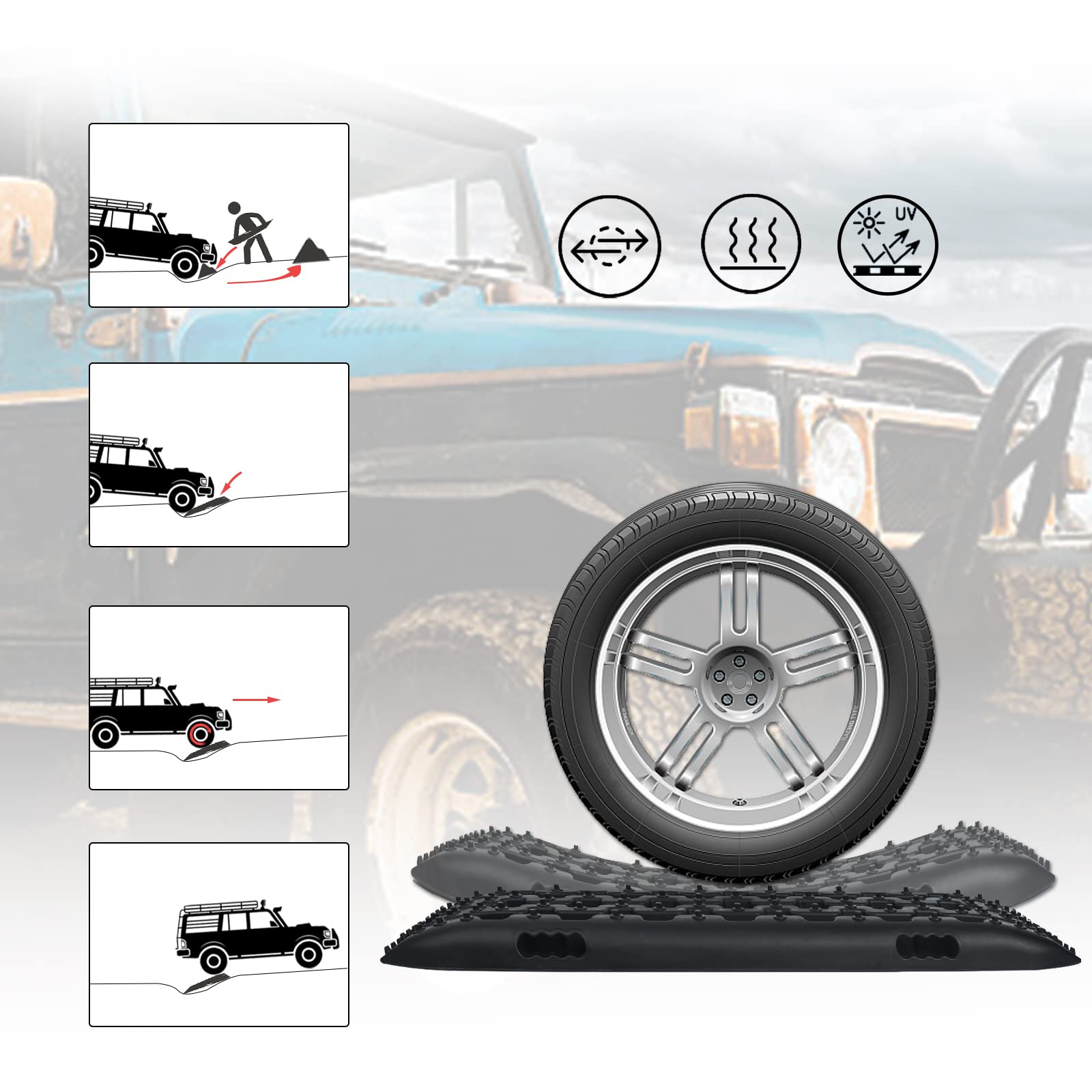 LILIIN 2X Sandbleche Anfahrhilfe Wohnmobil Recovery Board Offroad Traktionshilfe Traktionsmatte Gripmatte Anfahrhilfe Hilft Reifen Schlamm Sand Schnee Reifenleiter für Geländewagen LKW PKW, Schwarz