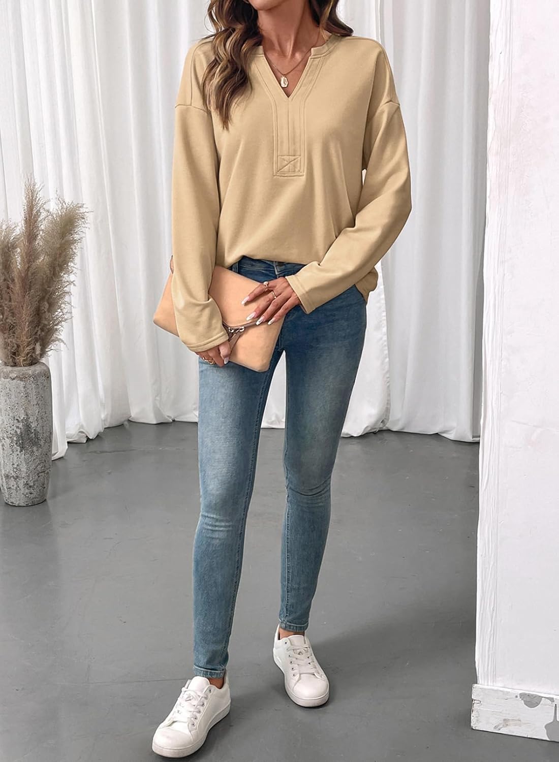 SHEWIN Womens Casual V Neck Sweatshirt Long Sleeve Lightweight Drop Shoulder Solid Pullover Tops - Image 8