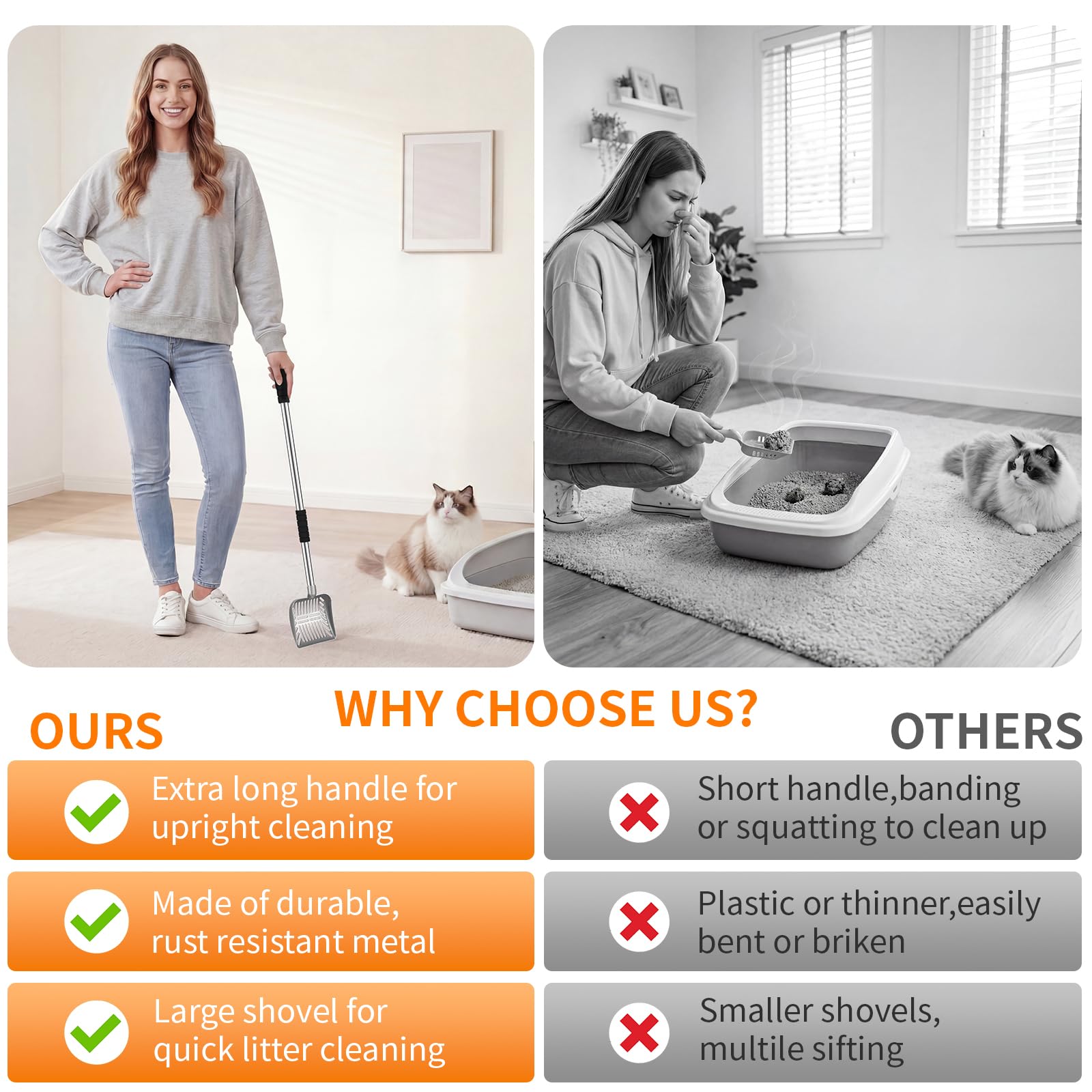 Yangbaga Metal Cat Litter Scoop with Deep Shovel&Long Handle,Detachable Stainless Steel Non-Stick Sifter with Foam Padded Grip, No Bending Back Heavy Duty Cat Litter Scooper - image 4