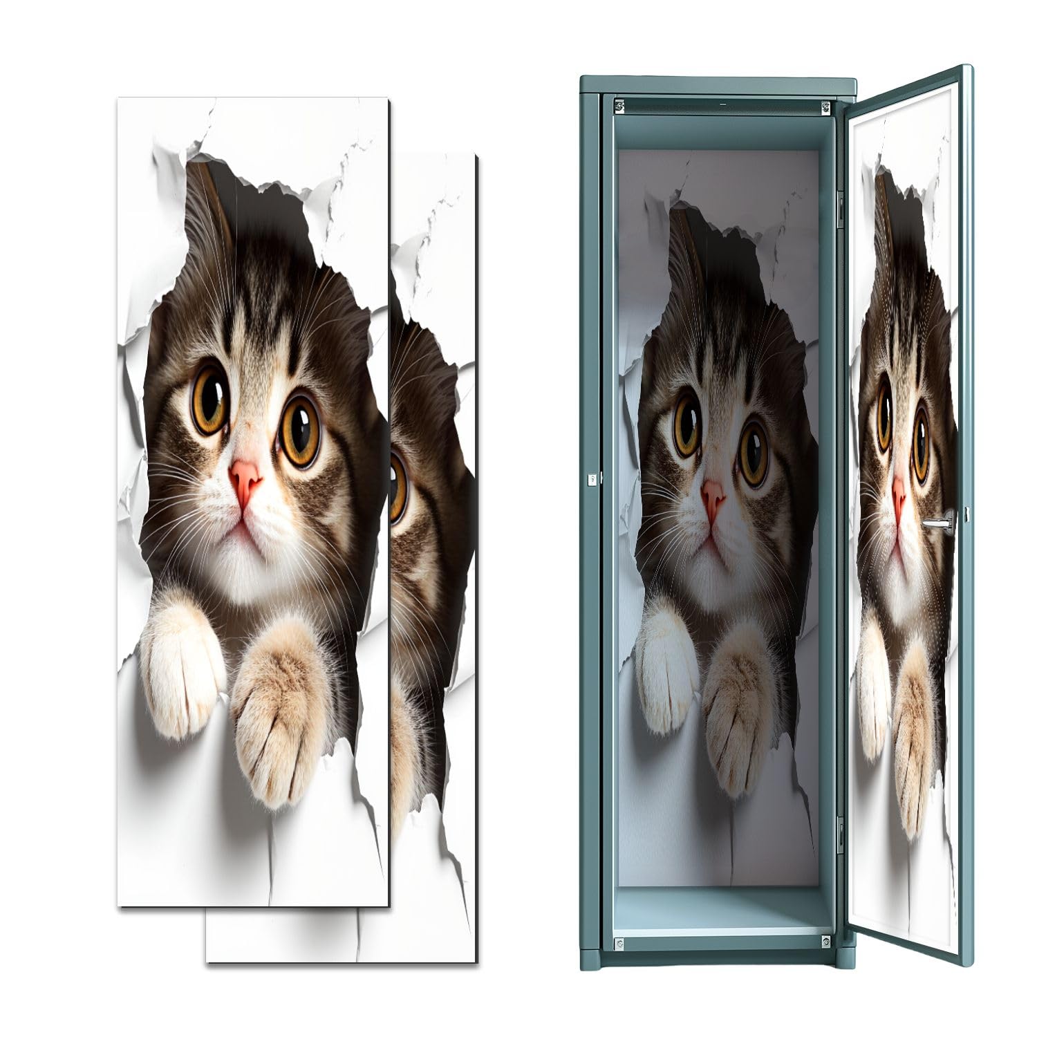 2 Pcs Locker Magnetic Wallpaper Adorable Cat Poking Torn Paper Big Eyes Soft Paws 12" x 36" Wall Magnetic Sticker Removable Locker Accessories Decor Easy Install for Office School