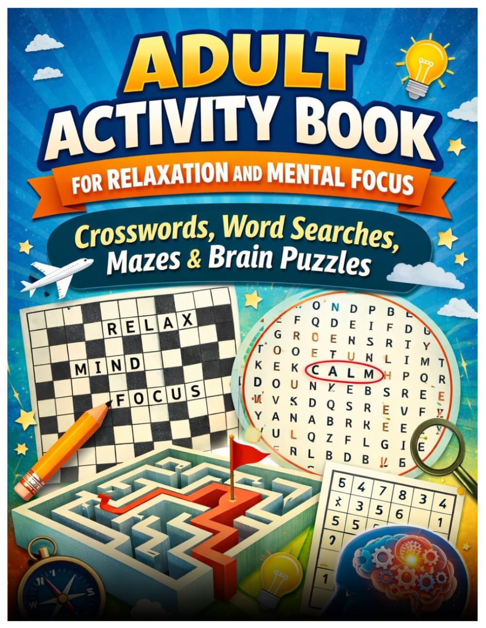 Adult Activity Puzzle Book: Word Searches, Crosswords, Mazes, and Logic Games to Relax, Focus