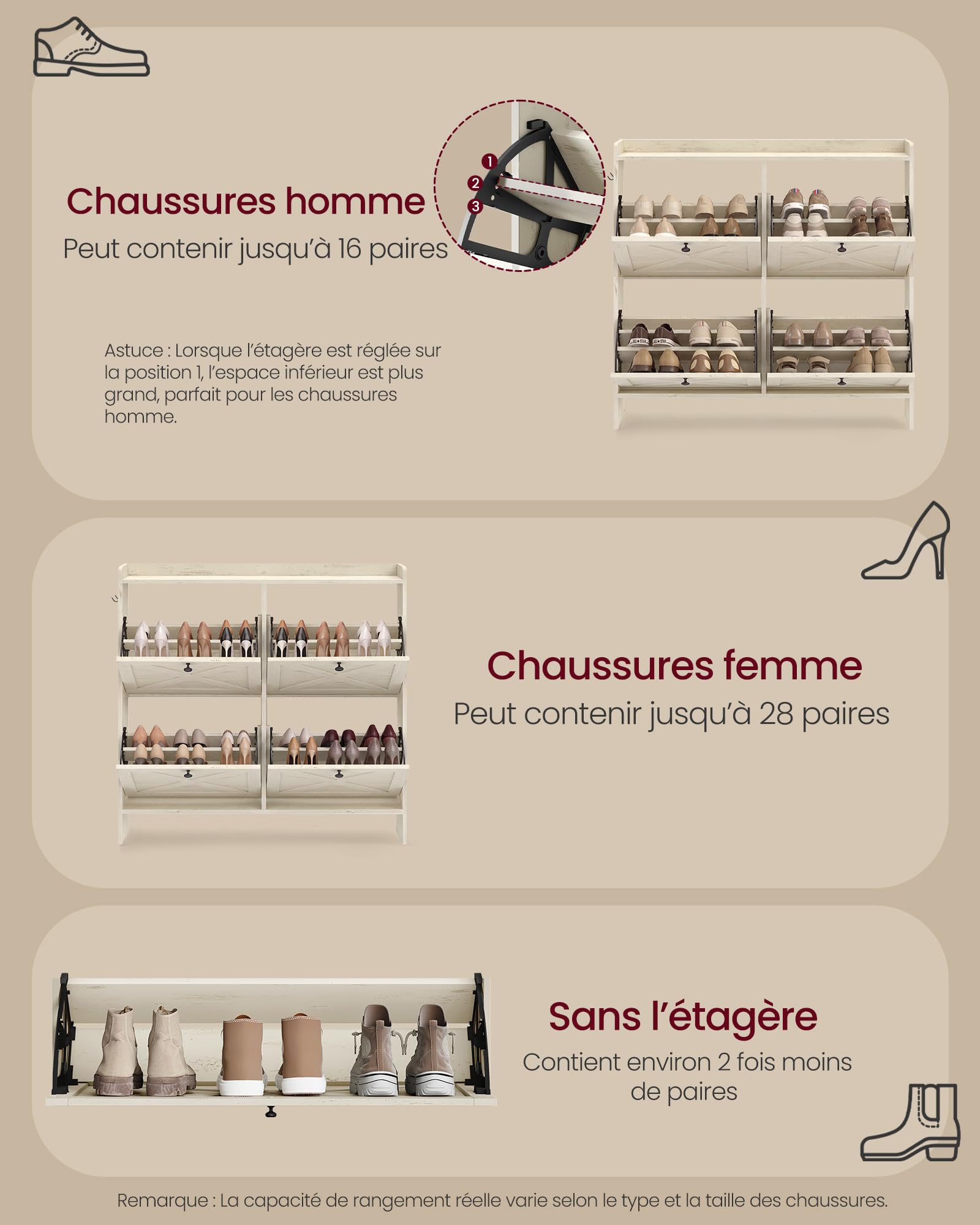 VASAGLE Meuble à Chaussures, à 4 Abattants, Armoire de Rangement