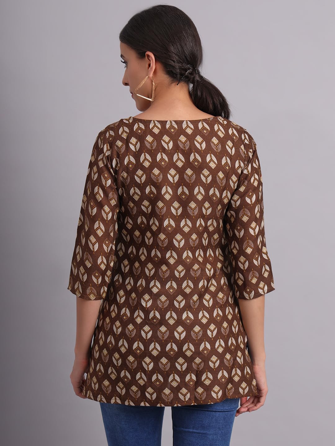 Patlani Women's Cotton Printed Short Fullstitched Kurti/Kurtas. Coffee