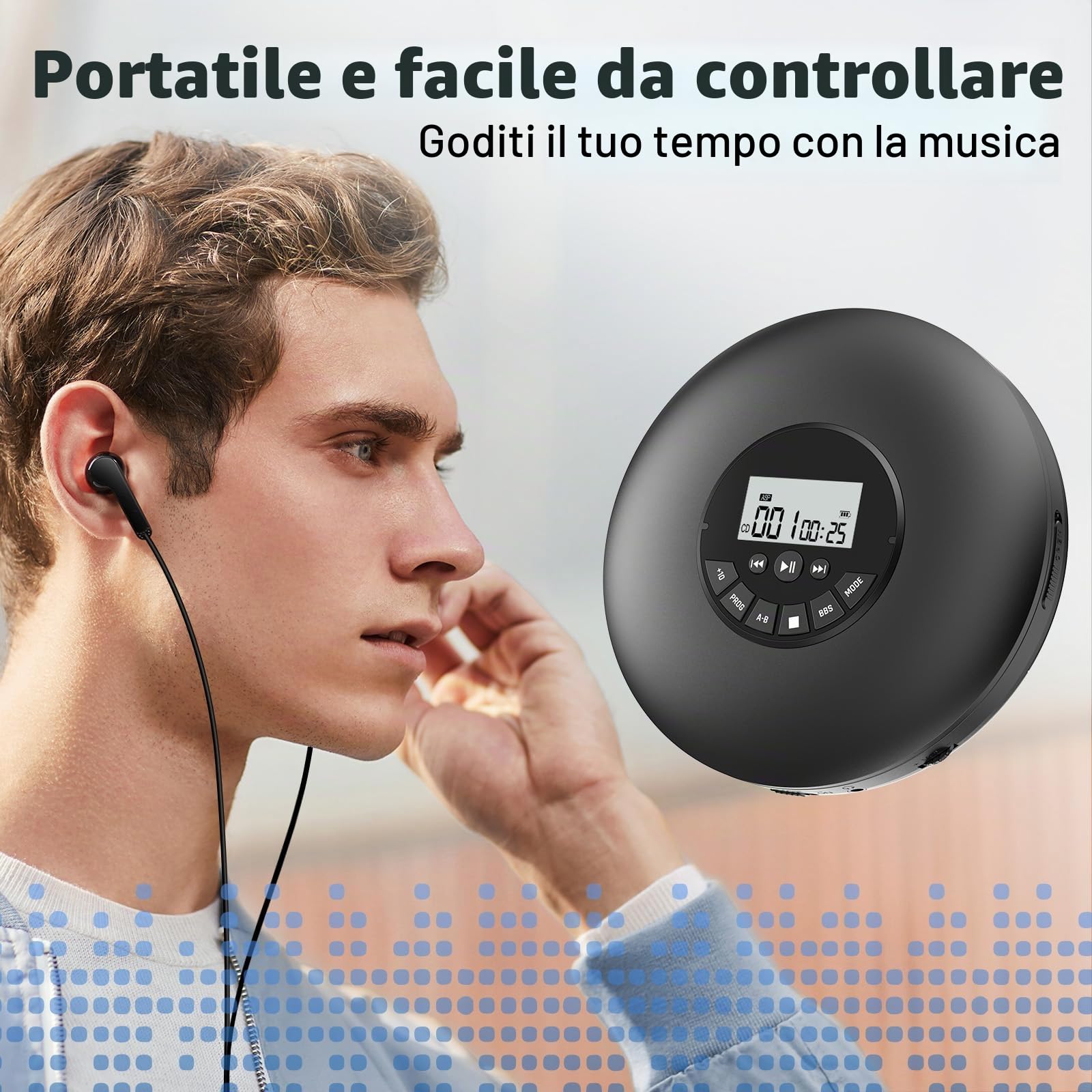 Arafuna Lettore CD portatile Compact Discman Personal Music Player Anti-Skip Protection Tracce programmabili Auricolari inclusi
