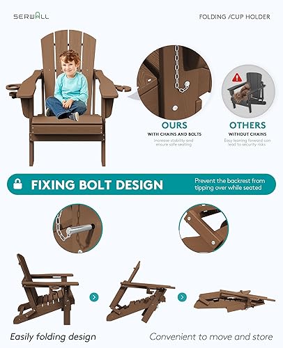 Miniatura 8 de SERWALL Silla Adirondack plegable, soportes dobles para tazas y HDPE para todo tipo de clima, silla de patio similar a la madera para patio trasero,