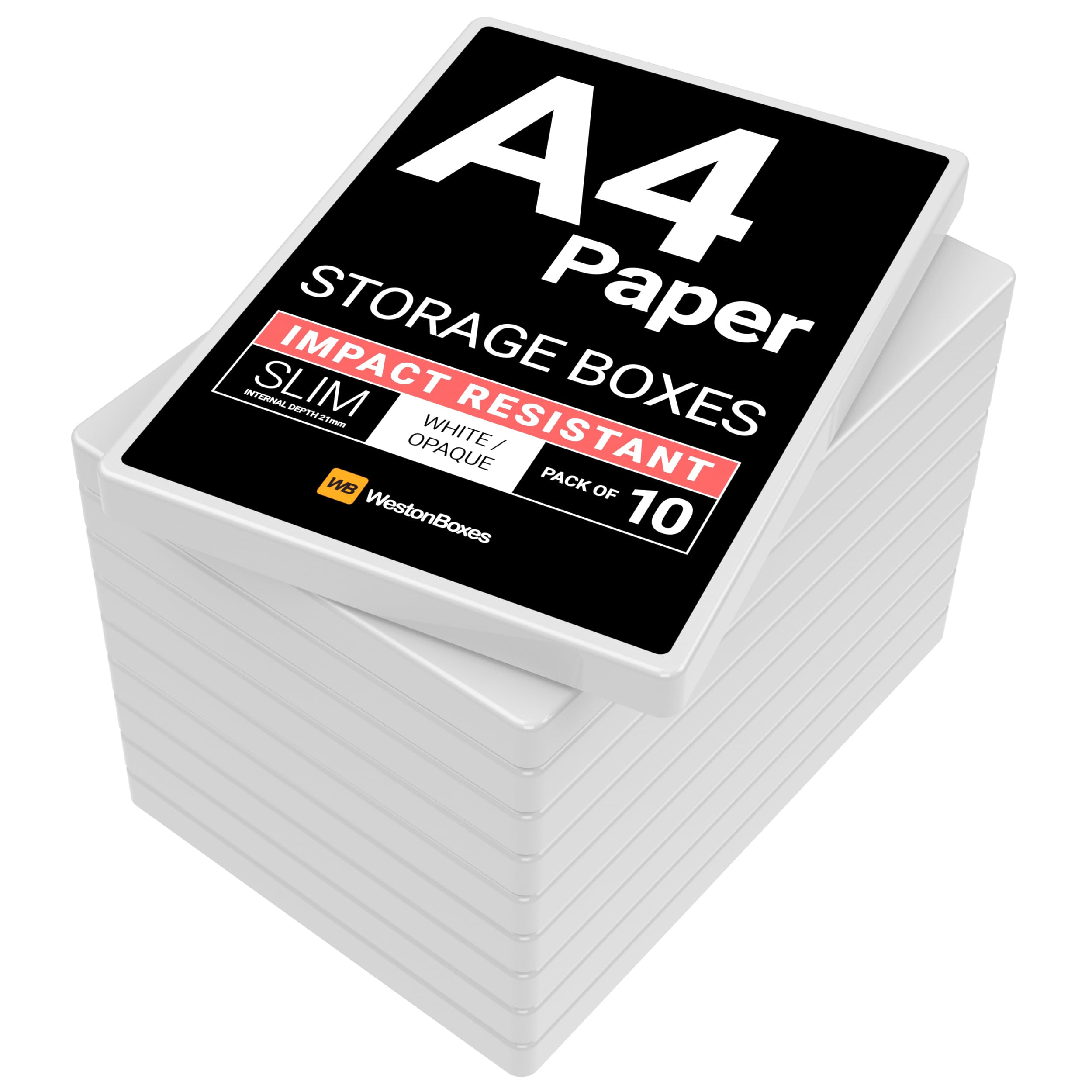 WestonBoxes A4 Slim Plastic Presentation or Storage Boxes with lids for A4 Paper and Card (White, Pack of 10)