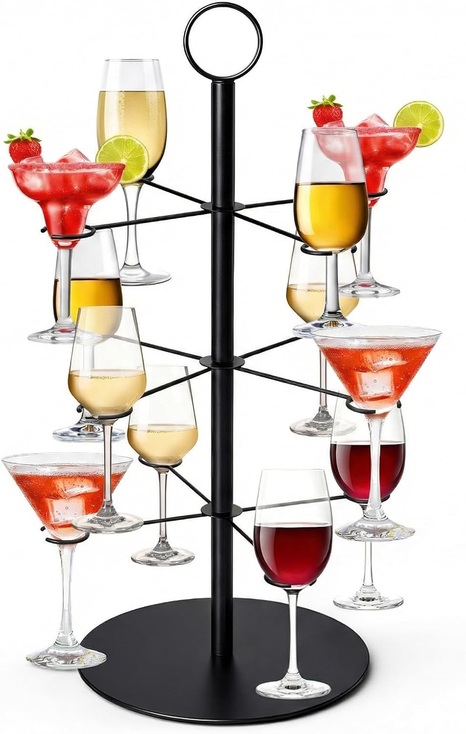3 Tier 12 Holders Metal Drink Tower, Cocktail Tree Stand for Parties, Wine Glass Holder Stand for Bar Champagne Tower Martinis Stands Mimosa Towers